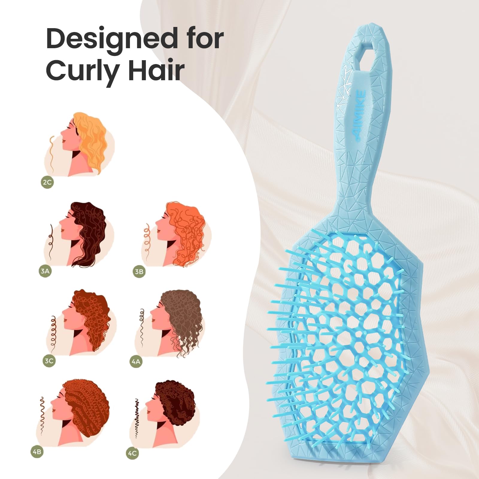 AIMIKE Glacier Detangling Brush, Pain-Free Detangler Brush for Curly Hair Wet & Dry Use, Glide Through Tangles with Ease, Vented Hairbrush for Women's 2c to 4c Curls, Blue