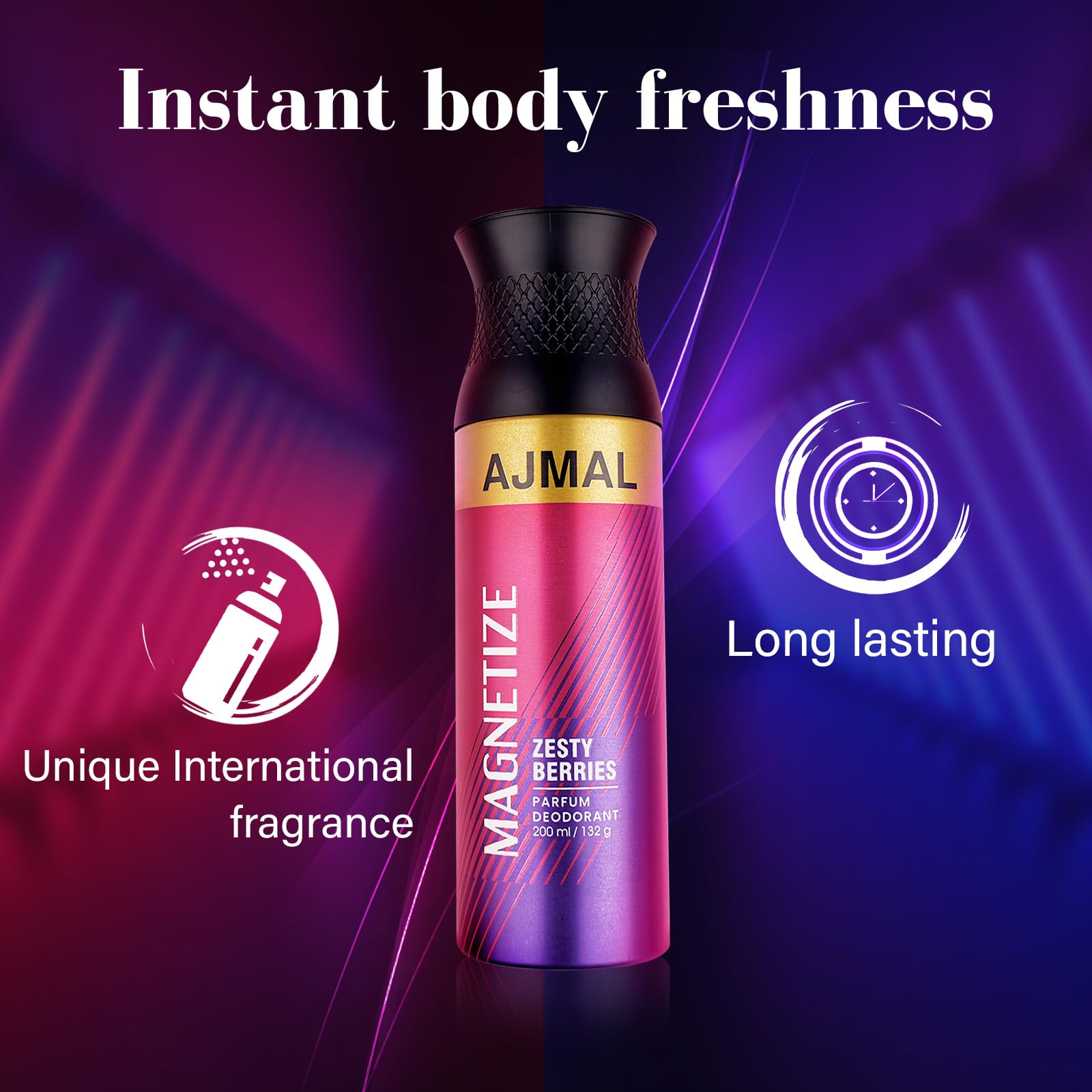 AJMAL Magnetize Deodorant Spray Woody Fragrance 200 Ml Casual Wear For Men & Women + 2 Parfume Testers Free