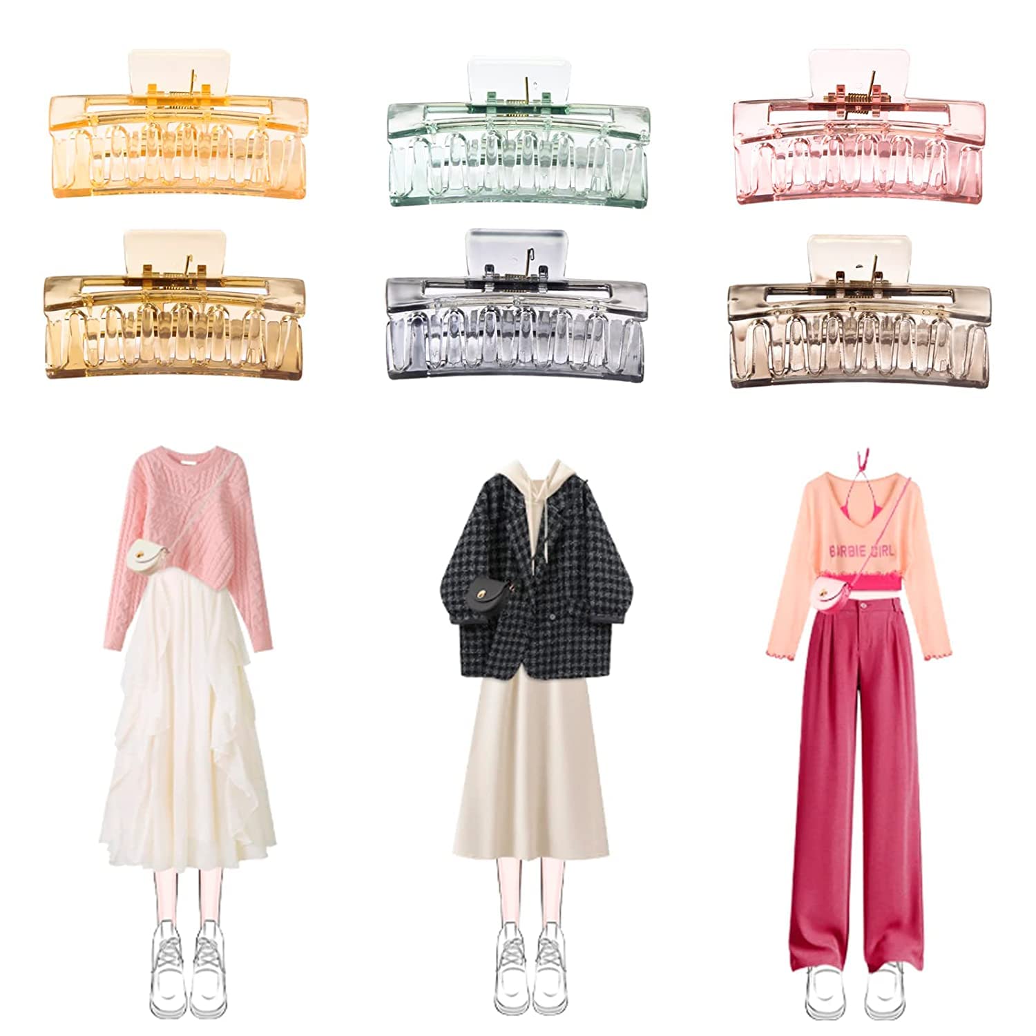 ANNACREATIONS 6 Pcs Korean Style Plastic Large Hair Claw Clips Non-Slip Strong Hold Jaw clip for Thick Thin Multicolor Hair Clutches Hair Accessories for Women & Girls