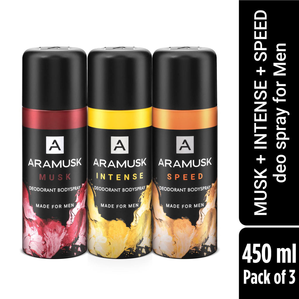 Aramusk Deodorant For Men With Long Lasting Fragrance| Musk, Intense, & Speed Everyday Wear Body Spray Assorted Pack| 150ml Each
