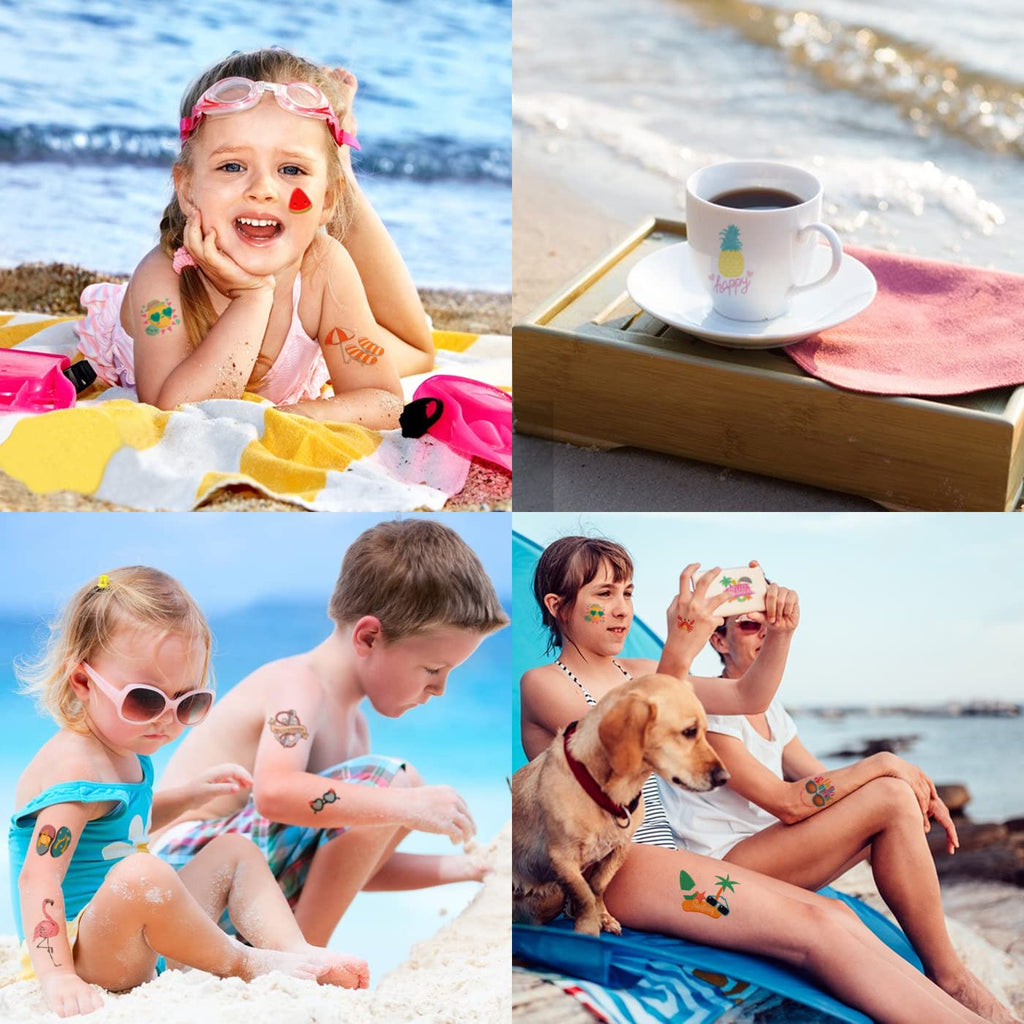 60 Pieces Summer Temporary Tattoos for Kids, Pool Party Favors, Hawaiian Luau Beach Temporary Tattoo, Watermelon Strawberry Pineapple Flamingo Tattoo Stickers for Birthday Party Supplies