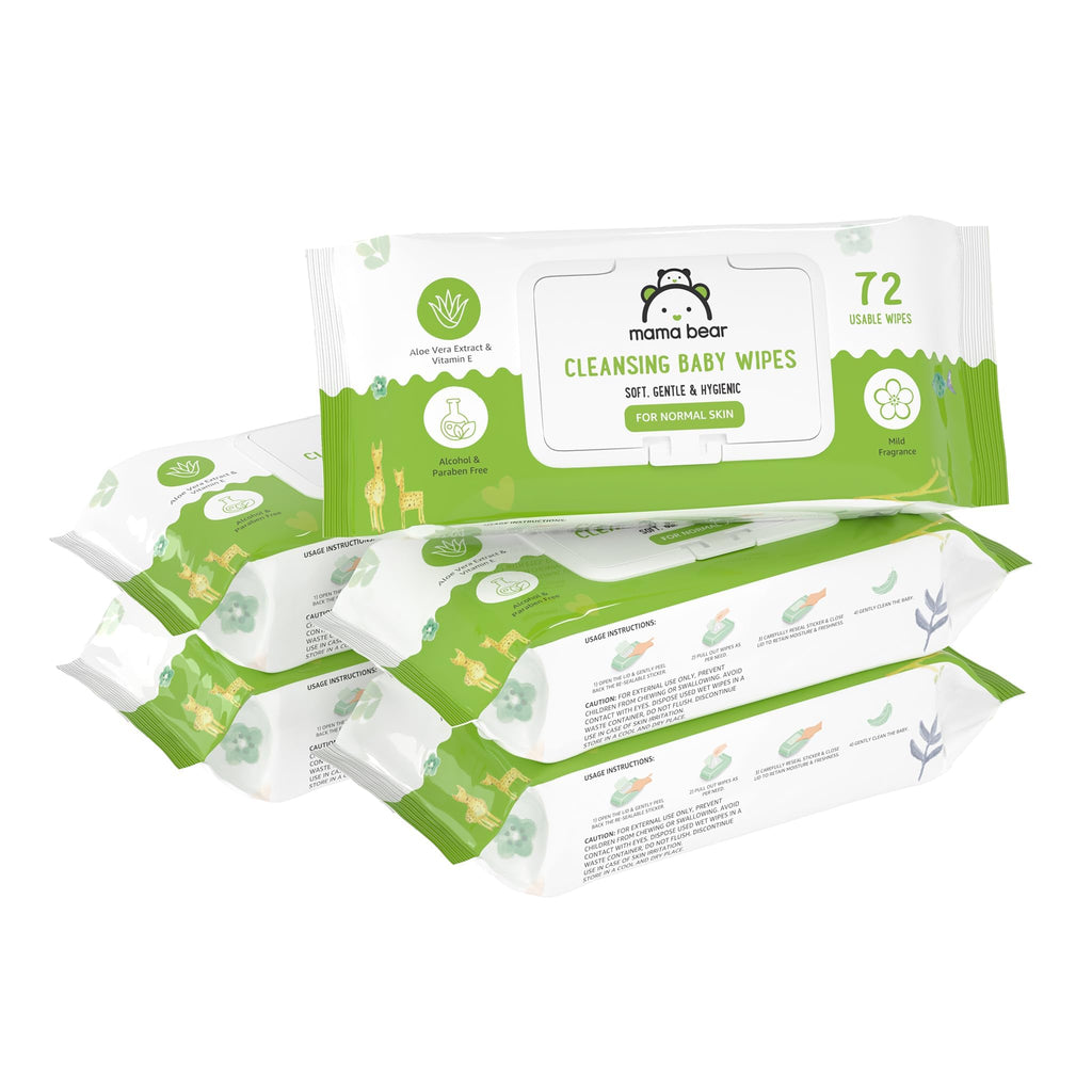 Amazon Brand - Mama Bear Cleansing Baby Wipes With Lid | 360 Wipes | 72 Wipes x 5 Packs | Dermatologically Tested | With Aloe Vera & Vitamin E | Alcohol-free | Paraben-free | Water-Based Formulation