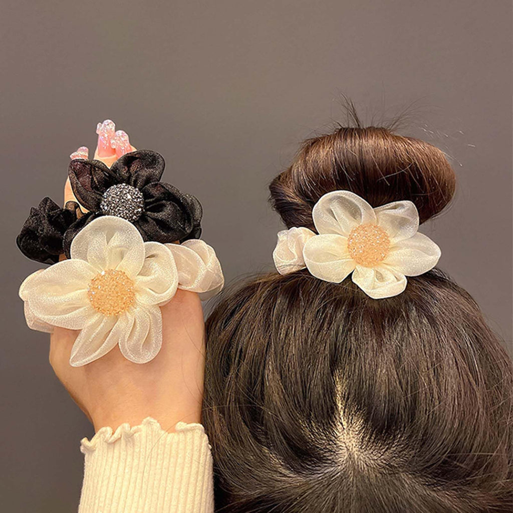 4 PCS Hair Rubber Band for Women, Scrunchies Set, Soft Elastic Hair Ties for Girls, Black White Brown and Tan, Fashion Accessories for Sports and Travel