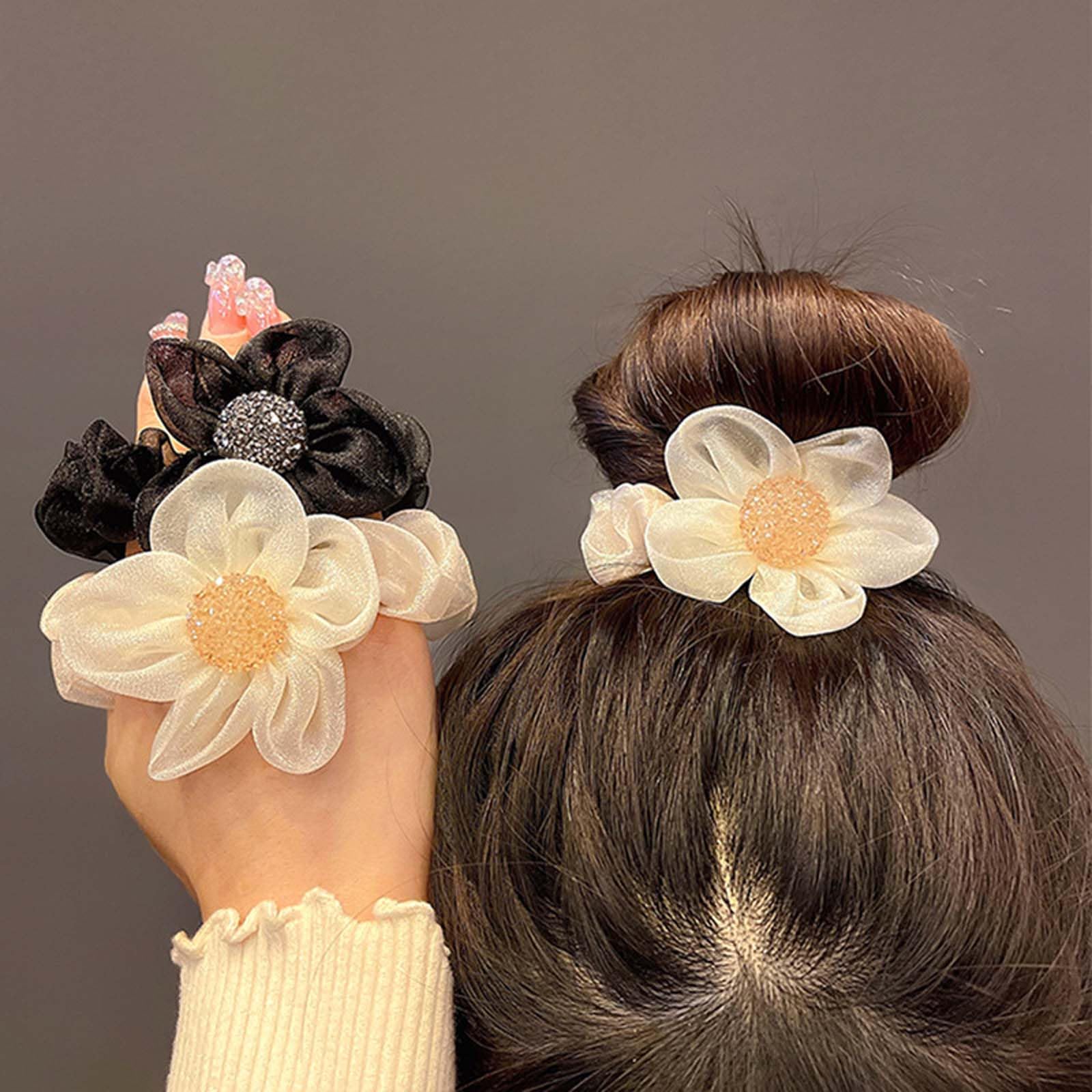 4 PCS Hair Rubber Band for Women, Scrunchies Set, Soft Elastic Hair Ties for Girls, Black White Brown and Tan, Fashion Accessories for Sports and Travel