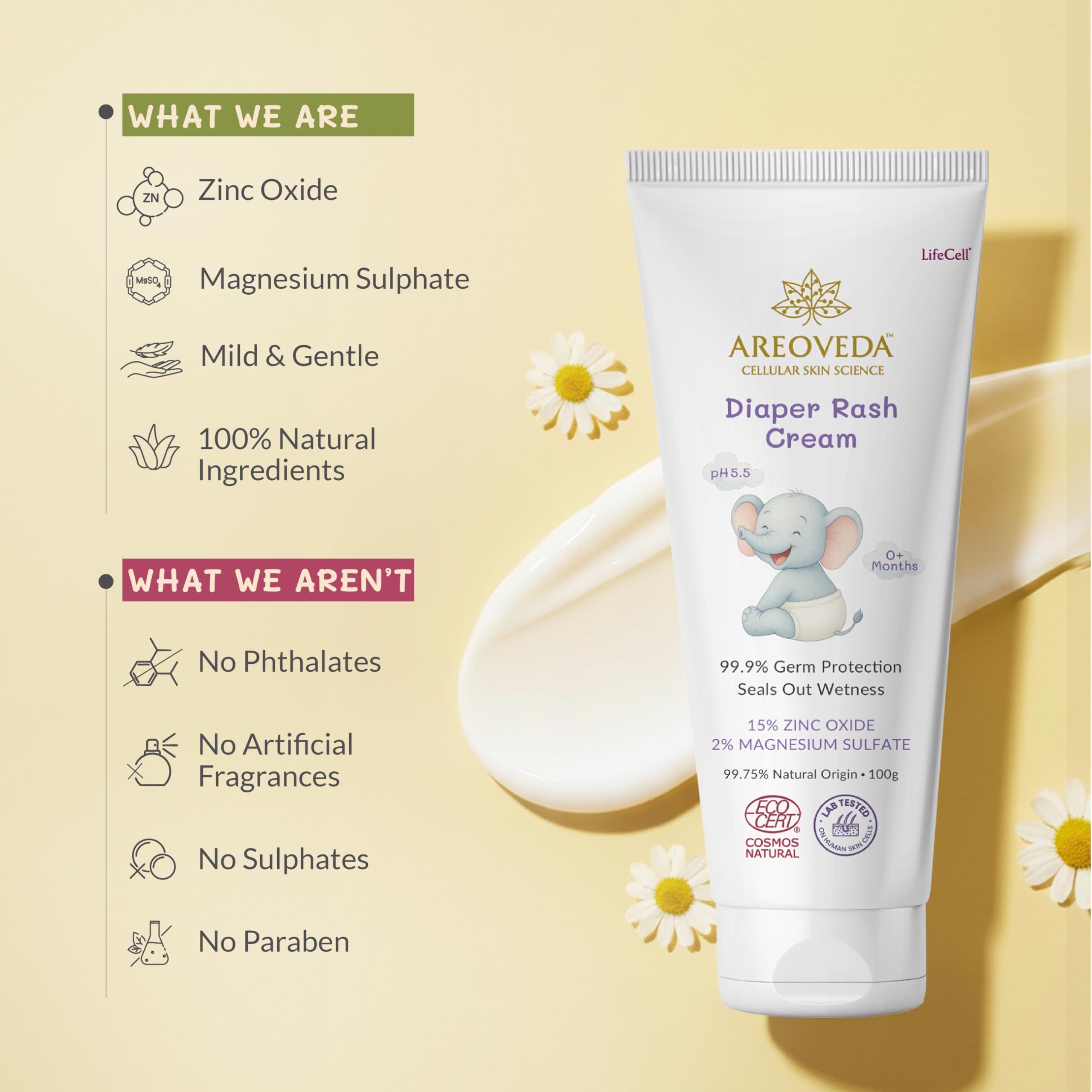 AreoVeda Diaper Rash Cream (50 gm), Suitable for newborns & babies, 15% Zinc Oxide, Prevents & Soothes Rashes from Day 1, Relieves Itchiness & Discomfort