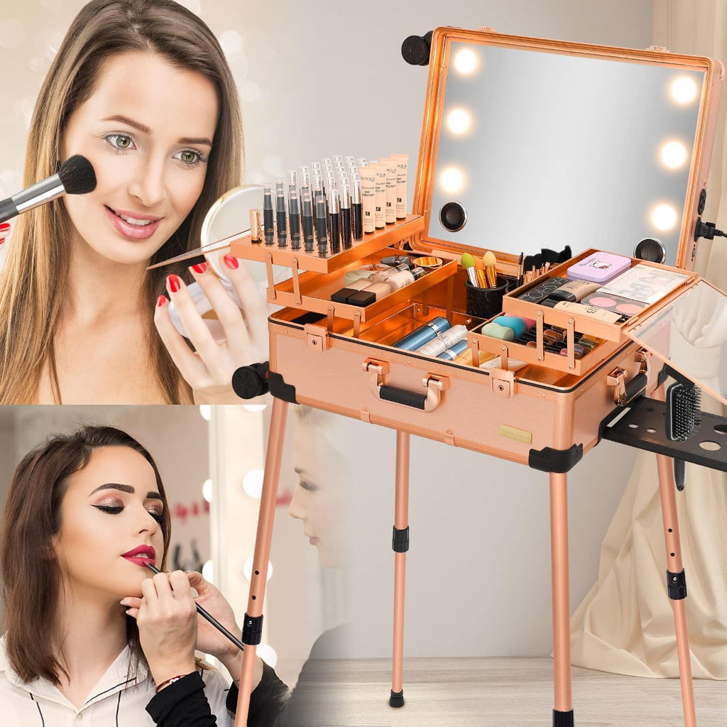 Adson Rolling Makeup Trolley Makeup Box Case Train Vanity Case Storage Hairdressing Organiser for Salon, Artist Aluminum Cosmetic Storage Organizer with Light and Mirror (Rose Gold)