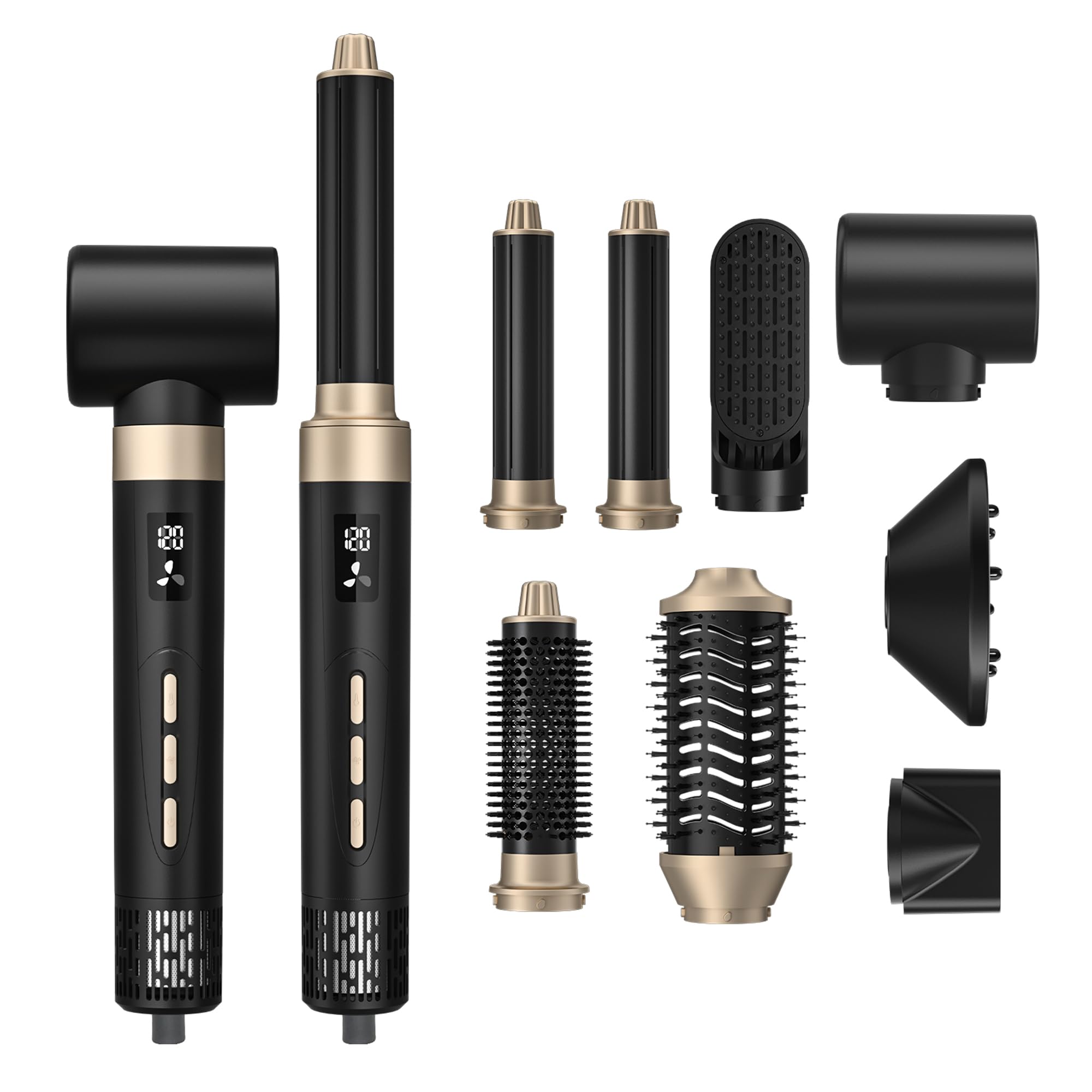 8 in 1 Hair Styler, Hair Styling Tools with 3 Heat Settings, Detachable Blow Dryer, Hot Air Curler Multi Styler Brush Set, Brush Curling Wrap Straight Curl Dry Volumiz Smooth – Black & Gold