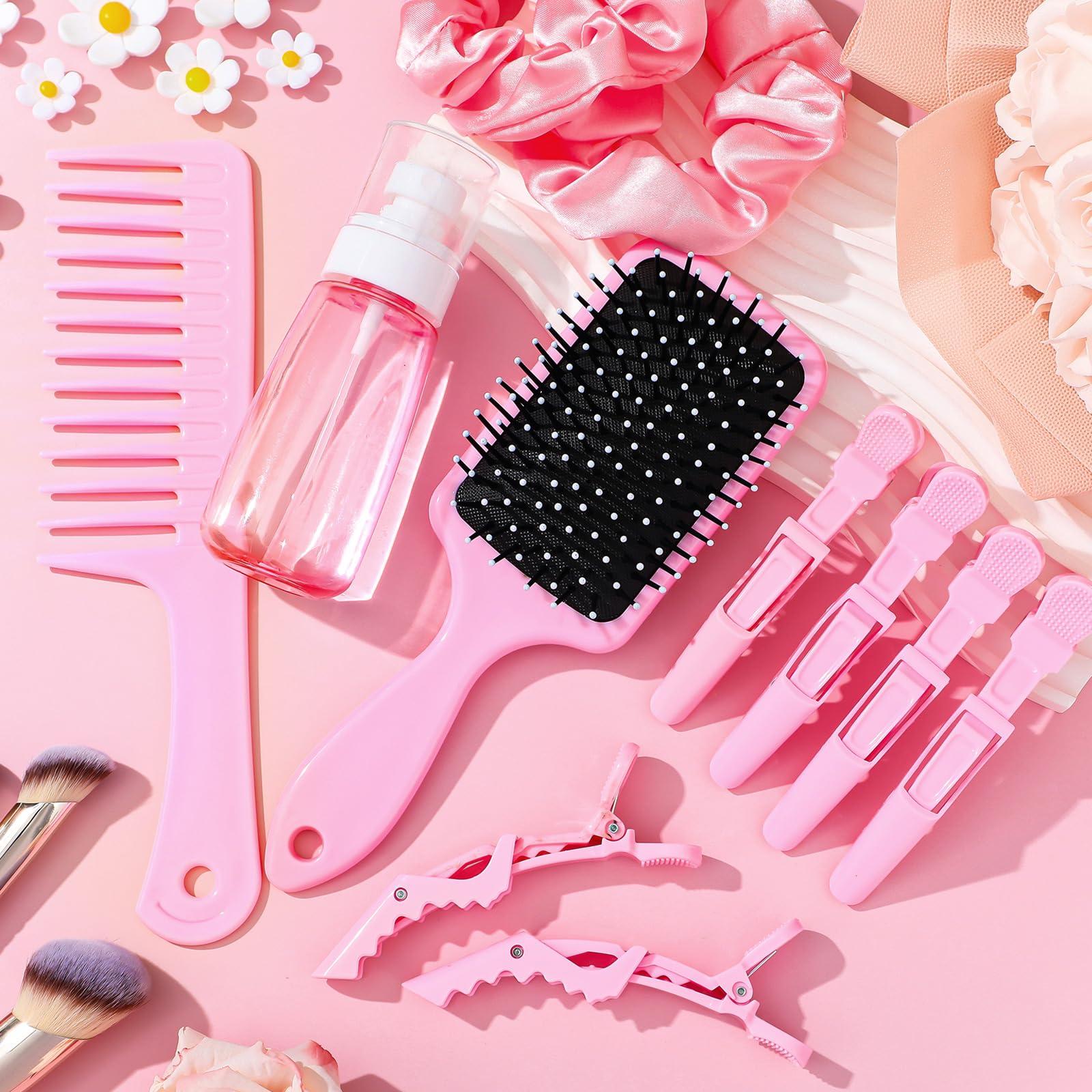15 Pcs Slick Back Hair Brush Set, Bristle Hair Brush with Spray Bottle,Hair Clip,Edge Brush for Women, Men(Pink)