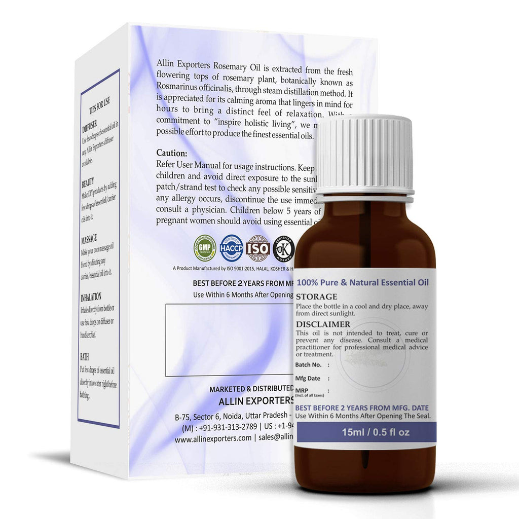 Allin Exporters Rosemary Essential Oil Natural Pure Therapeutic Grade for Hair Growth Skin Massage & Diffuser Aromatherapy (15 mL)