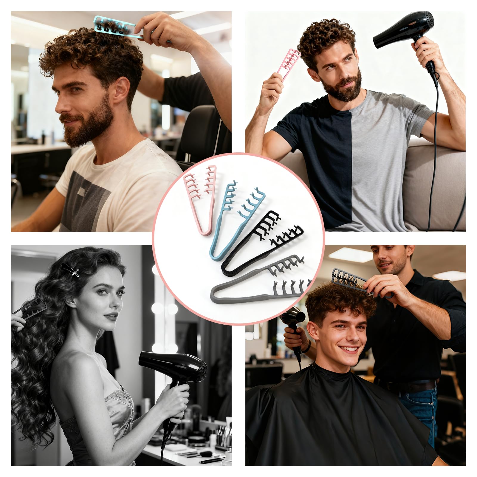 2 Pcs Texture Comb, Voluminous Wide-Toothed Hair Comb, Apparatus Maximum Lift Roots Volume Tool, Barber Wide Fine-Toothed Dual-Purpose Set, ABS Plastic with Textured Grip Tool for Men (Black+Grey)