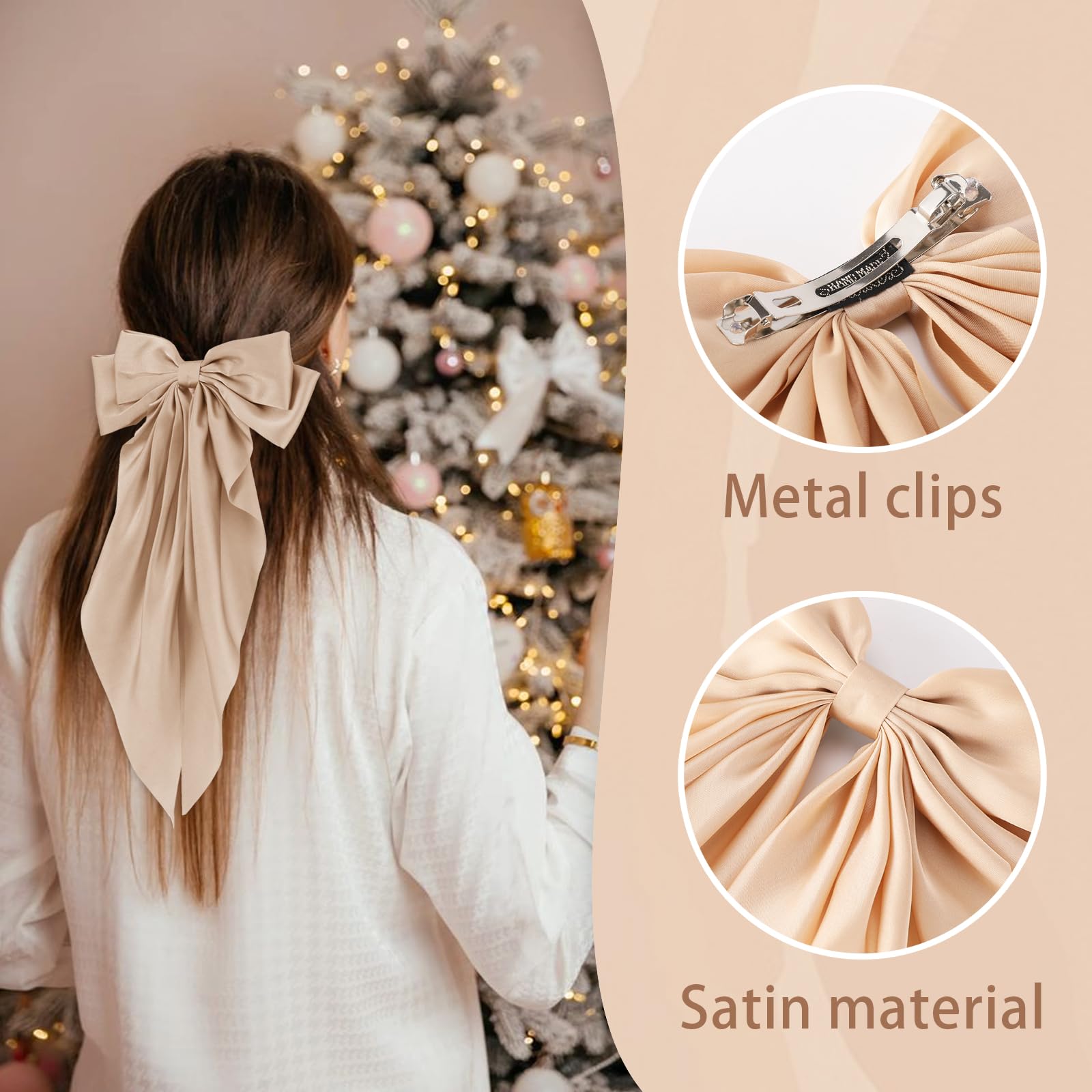 6 PCS Hair Bows for Women, Big Bow Hair Clips for Girls, Silky Satin Hair Bows Clips Oversized Long Tail, Large Hair Barrettes Cute Aesthetic Hair Accessories, Metal Bow Hair Clips Neutral Color