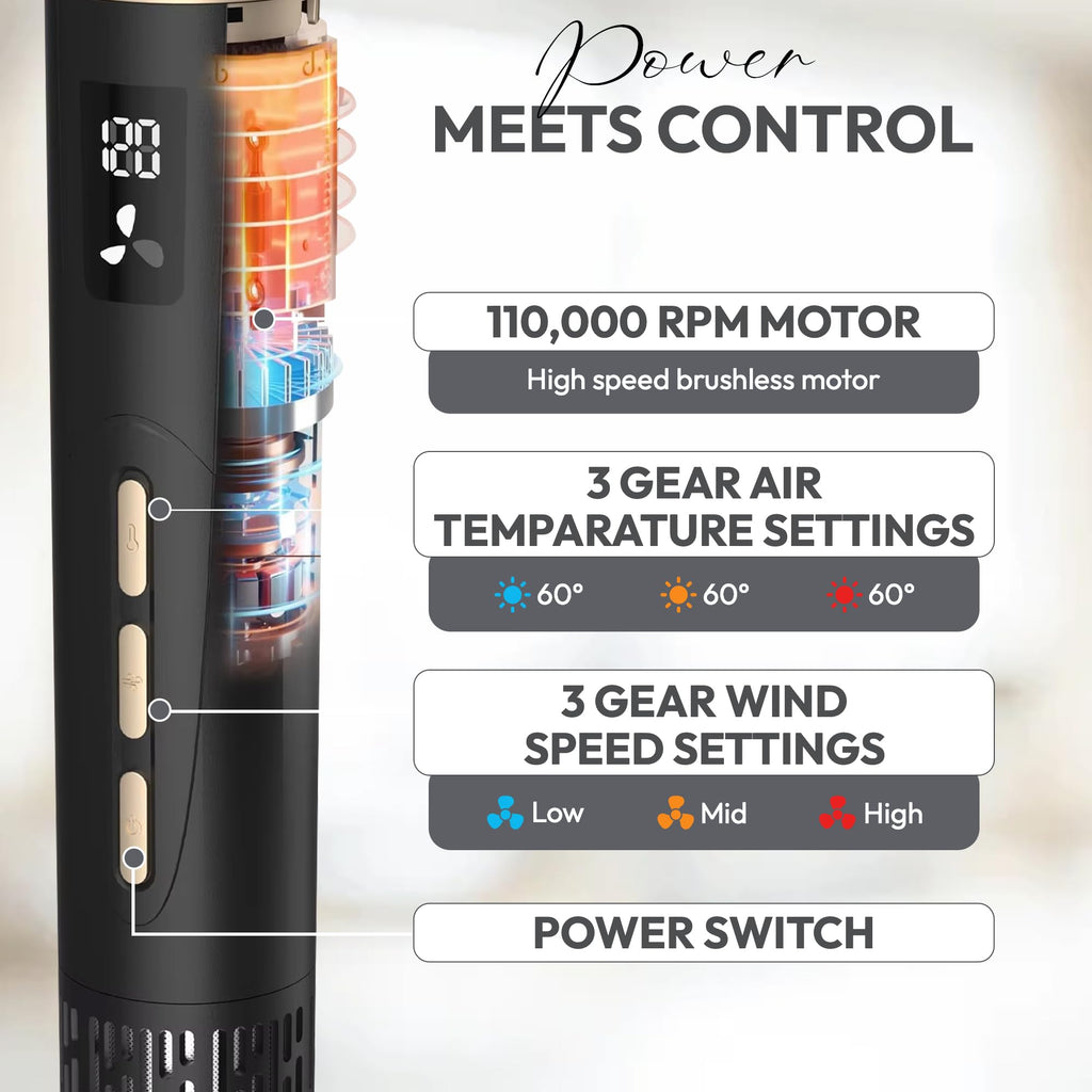 8 in 1 Hair Styler, Hair Styling Tools with 3 Heat Settings, Detachable Blow Dryer, Hot Air Curler Multi Styler Brush Set, Brush Curling Wrap Straight Curl Dry Volumiz Smooth – Black & Gold