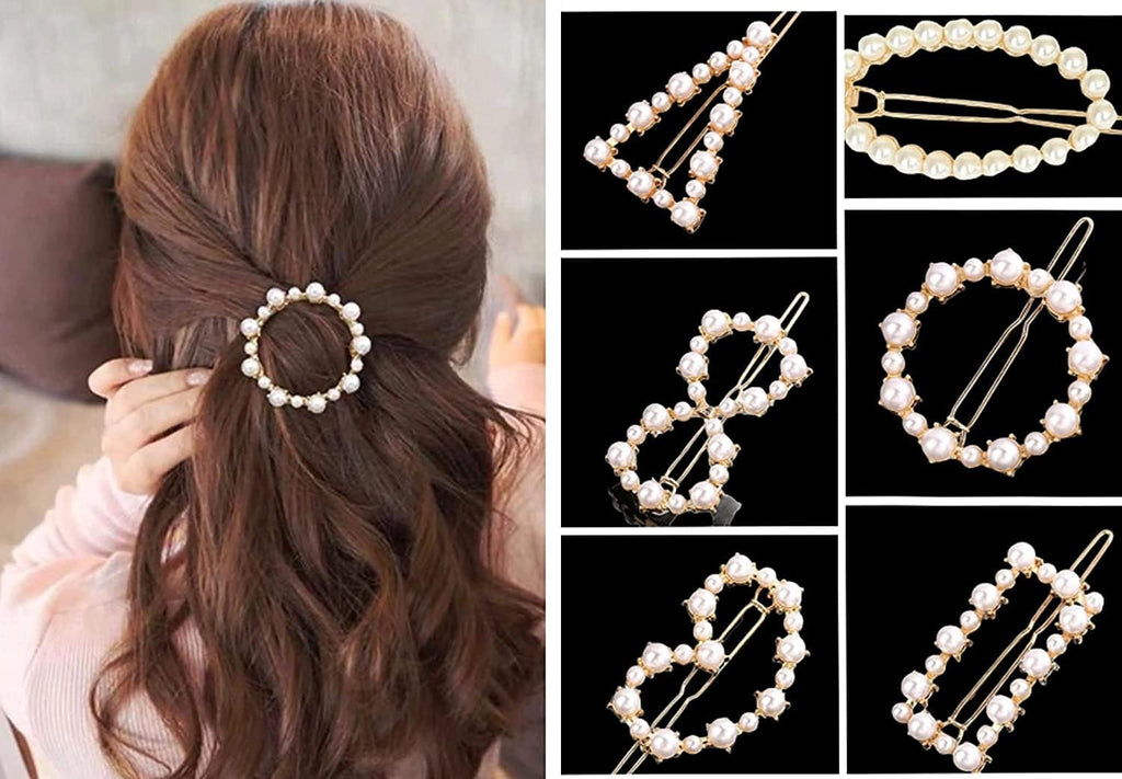 ANNACREATIONS 6 Pcs Korean Style Gold Metal Pearl Geometric Stone Lock Hair Pins Hair Clip Hair Accessories Jewellery for Women and Girls