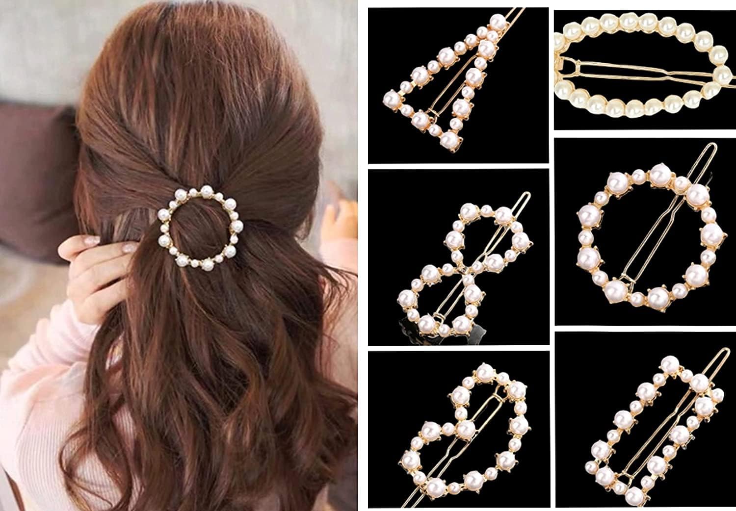 ANNACREATIONS 6 Pcs Korean Style Gold Metal Pearl Geometric Stone Lock Hair Pins Hair Clip Hair Accessories Jewellery for Women and Girls