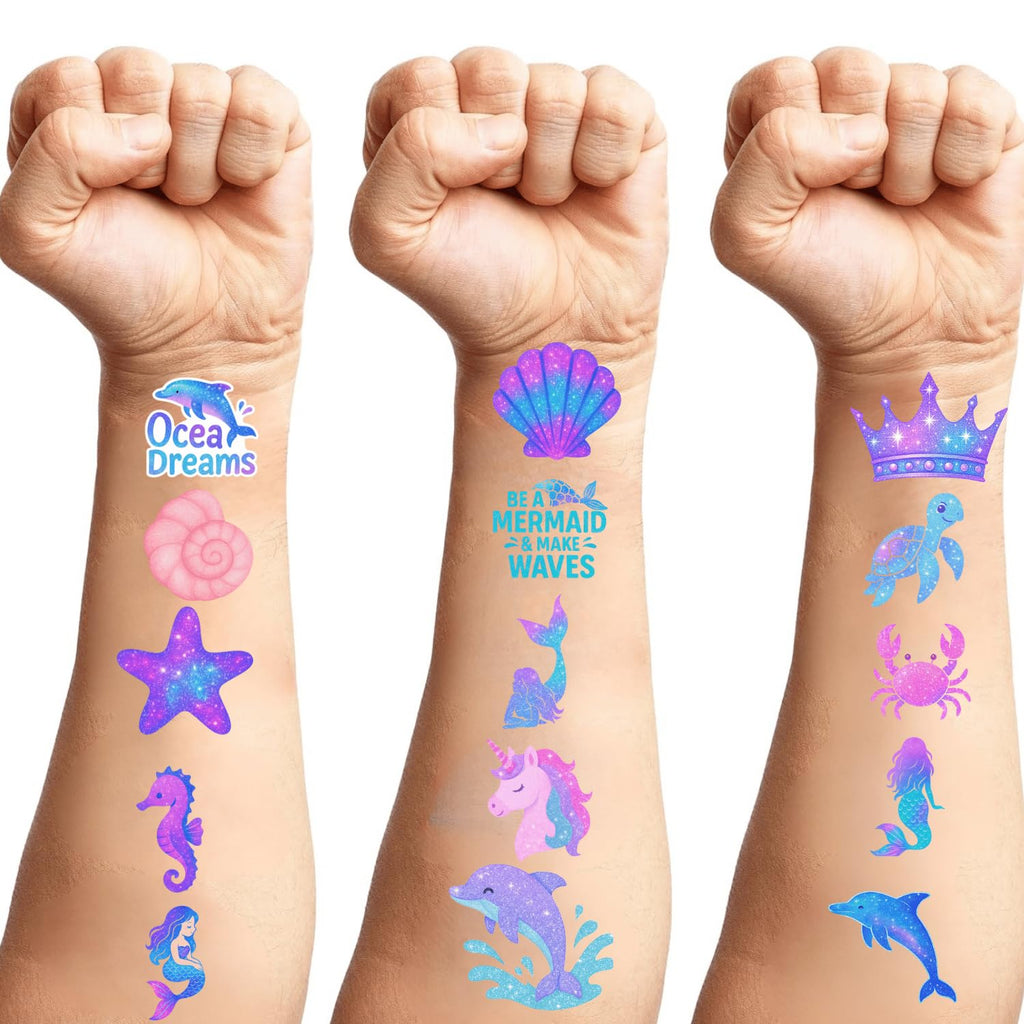 100PCS Glow in The Dark Mermaid Temporary Tattoos – Cute Ocean Sea Creatures Tattoo Stickers for Girls Birthday Party Favors, Waterproof Non-Toxic Kids Tattoos, Luminous Undersea Tattoos