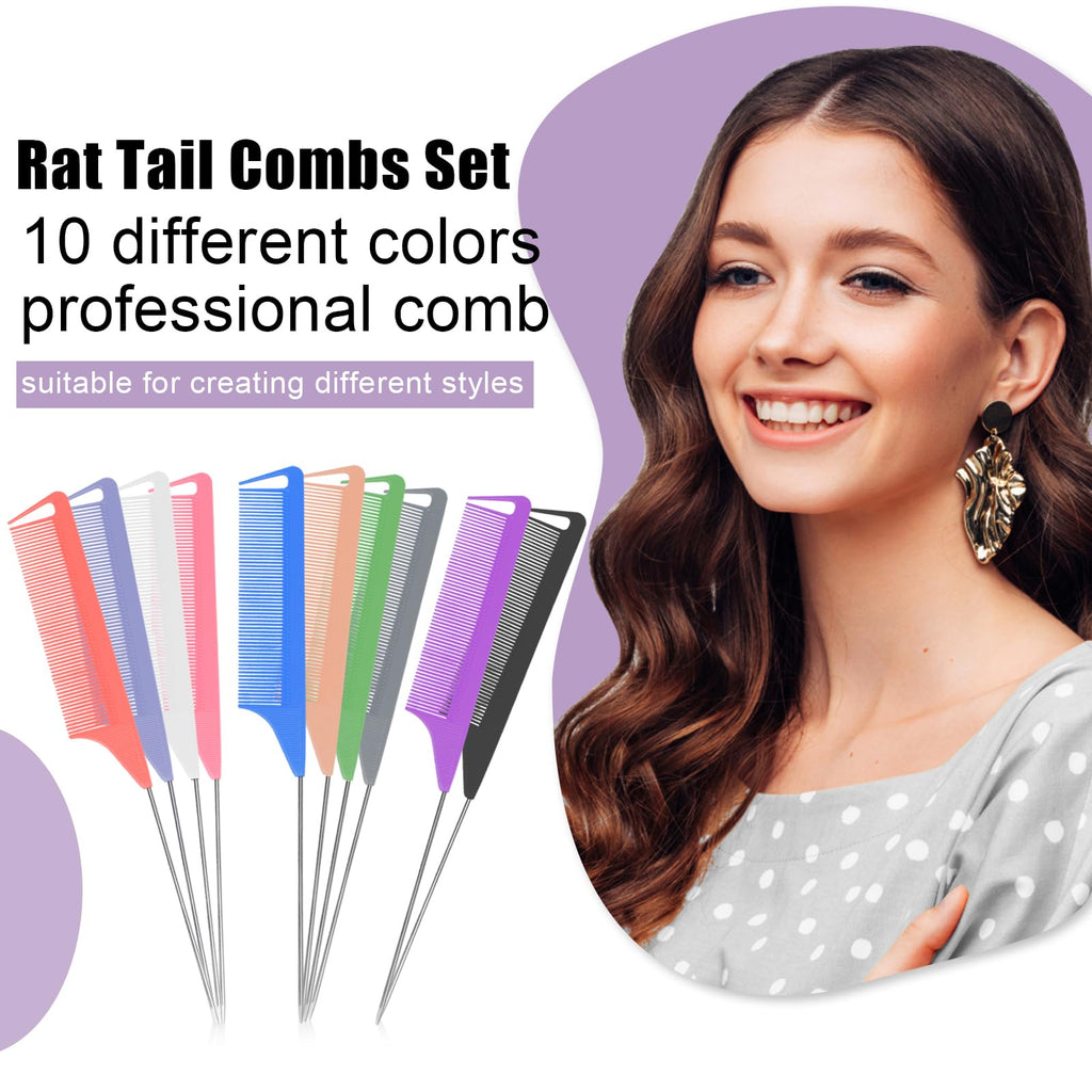 Ensemble de 10 peignes à queue de rat - Peigne à dents fines pour crêper les cheveux, idéal pour femmes et filles. Peigne à raie pour tresses et coiffures. Outils et accessoires de coiffure en acier inoxydable et fibre de carbone résistants à la chaleur.