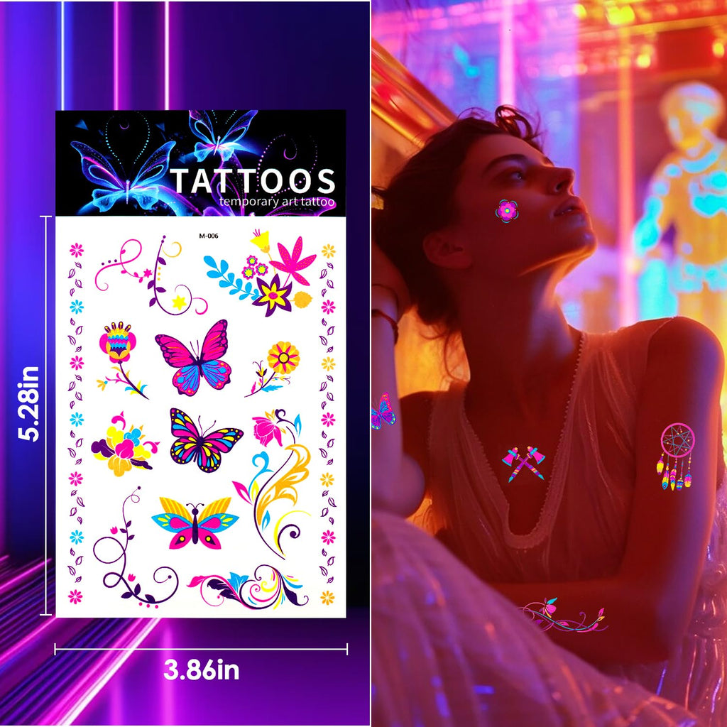 20sheets Butterfly UV Reactive Glow temporary tattoos, Neon UV Blacklight Reactive Cute Tattoos Stickers, Flower Waterproof Party Supplies Decoration, Party Favors, Gift