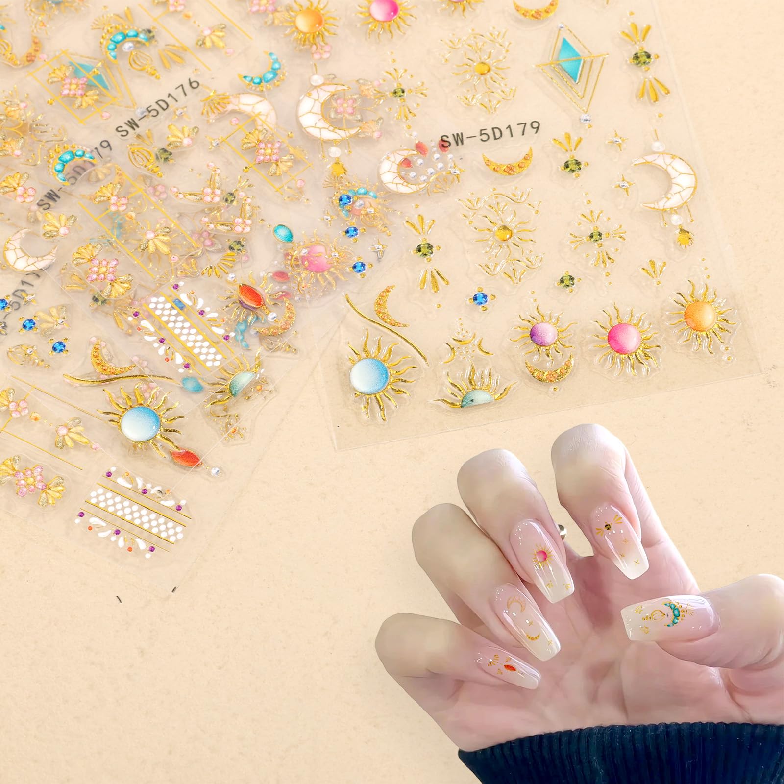 4pcs Sun and Moon Nail Stickers, 5D Embossed Gold Celestial Bohemian Beauty Nail Stickers Self-Adhesive Metallic Tribal Totem Design Manicure Art Fingernail Decoration for Women Girls