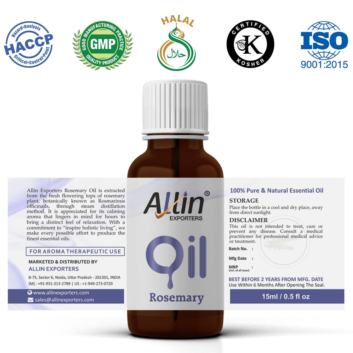 Allin Exporters Rosemary Essential Oil Natural Pure Therapeutic Grade for Hair Growth Skin Massage & Diffuser Aromatherapy (15 mL)