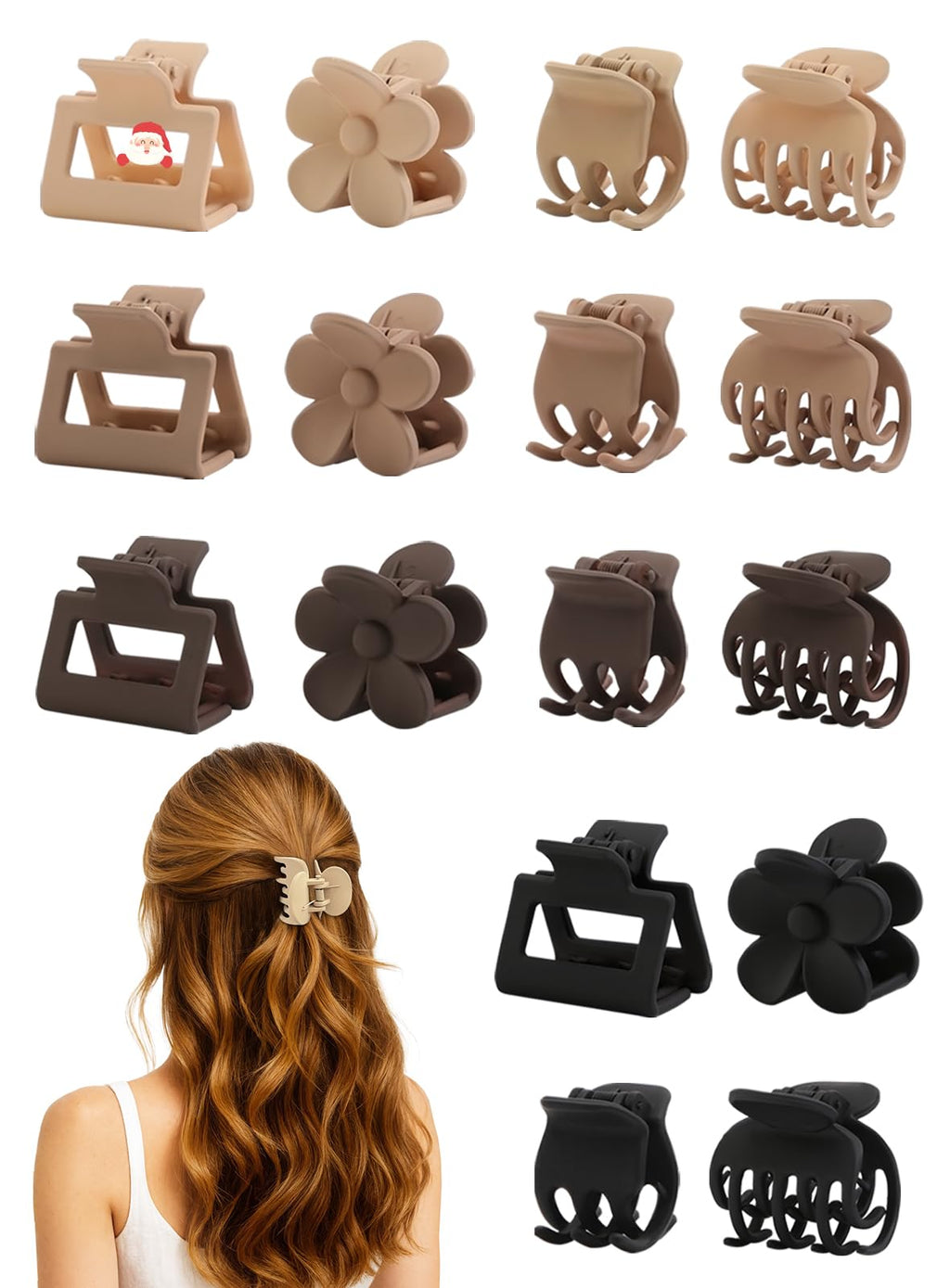 16 PCS Small Hair Clips for Women & Girls, Durable Matte Claw Clips for Thin Hair, Strong Hold NonSlip Medium Hair Claw Clips, Mini Hair Clips, Cute Hair Accessories, 4 Shapes Gifts Holiday