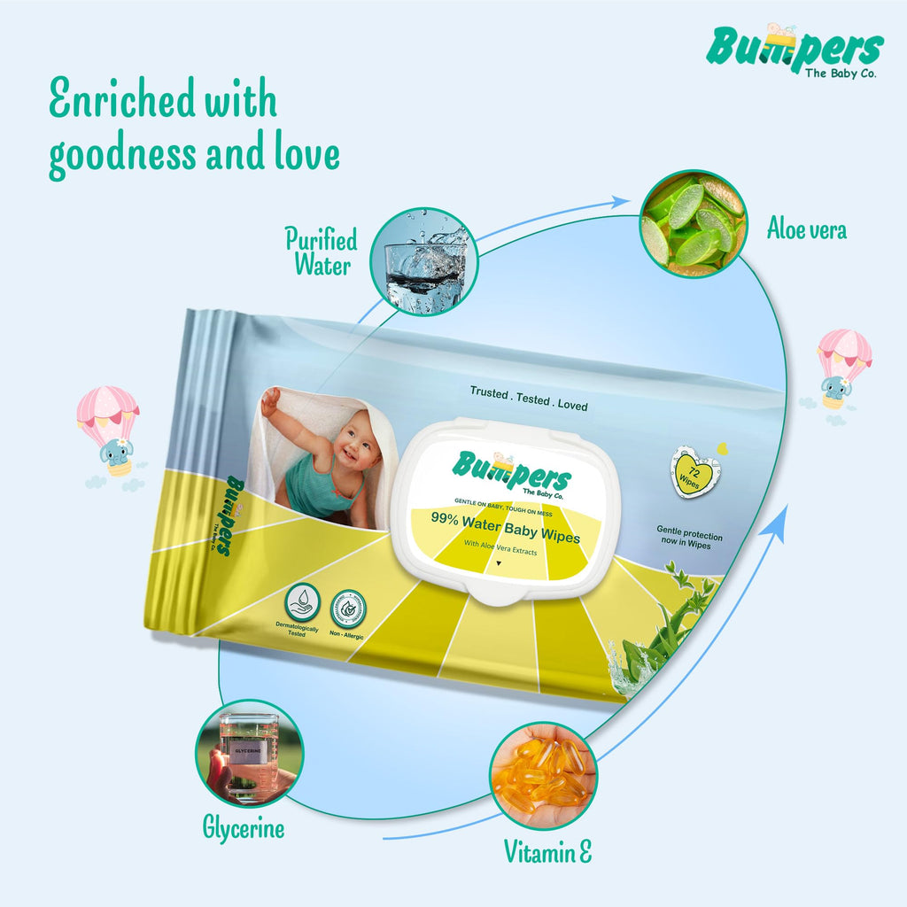 "Bumpers Moisturising 99% Water Baby Wipes with Lid, Aloe Vera & Vitamin E | Extra Thick & Moist | Alcohol & Paraben free | pH balanced & Hypoallergenic | 72 Counts/Pack (Set of 6) (432 Wipes)