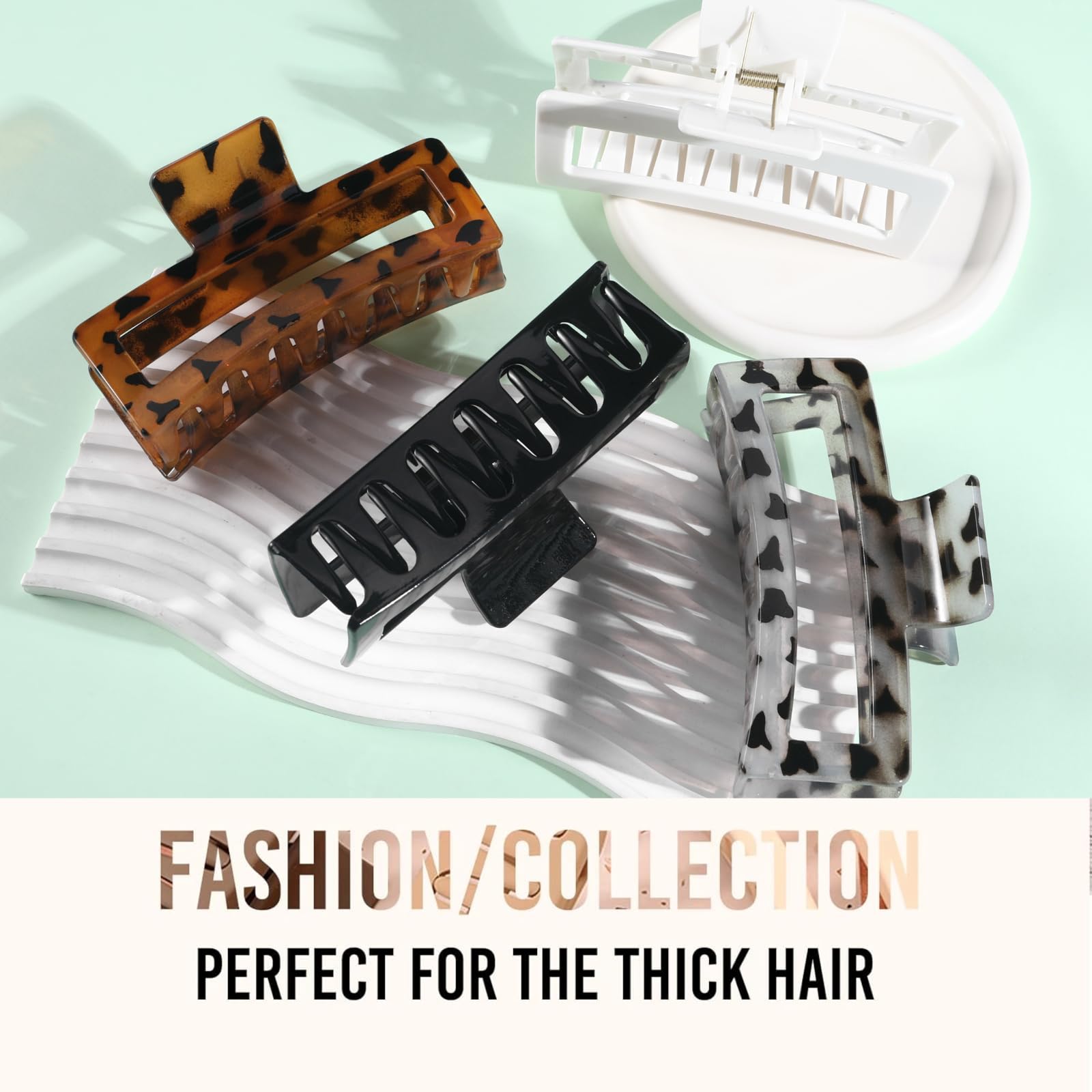 5 Inche Extra Large Claw Clips for Thick Hair, 4 Pack Xl Leopard and Glossy Claw Clips, Jumbo Non-Slip Rectangle Hair Clips for Women, Strong Hold Jaw Clips for Long Hair