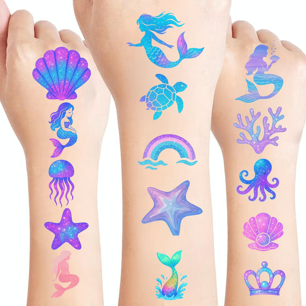 100PCS Glow in The Dark Mermaid Temporary Tattoos – Cute Ocean Sea Creatures Tattoo Stickers for Girls Birthday Party Favors, Waterproof Non-Toxic Kids Tattoos, Luminous Undersea Tattoos