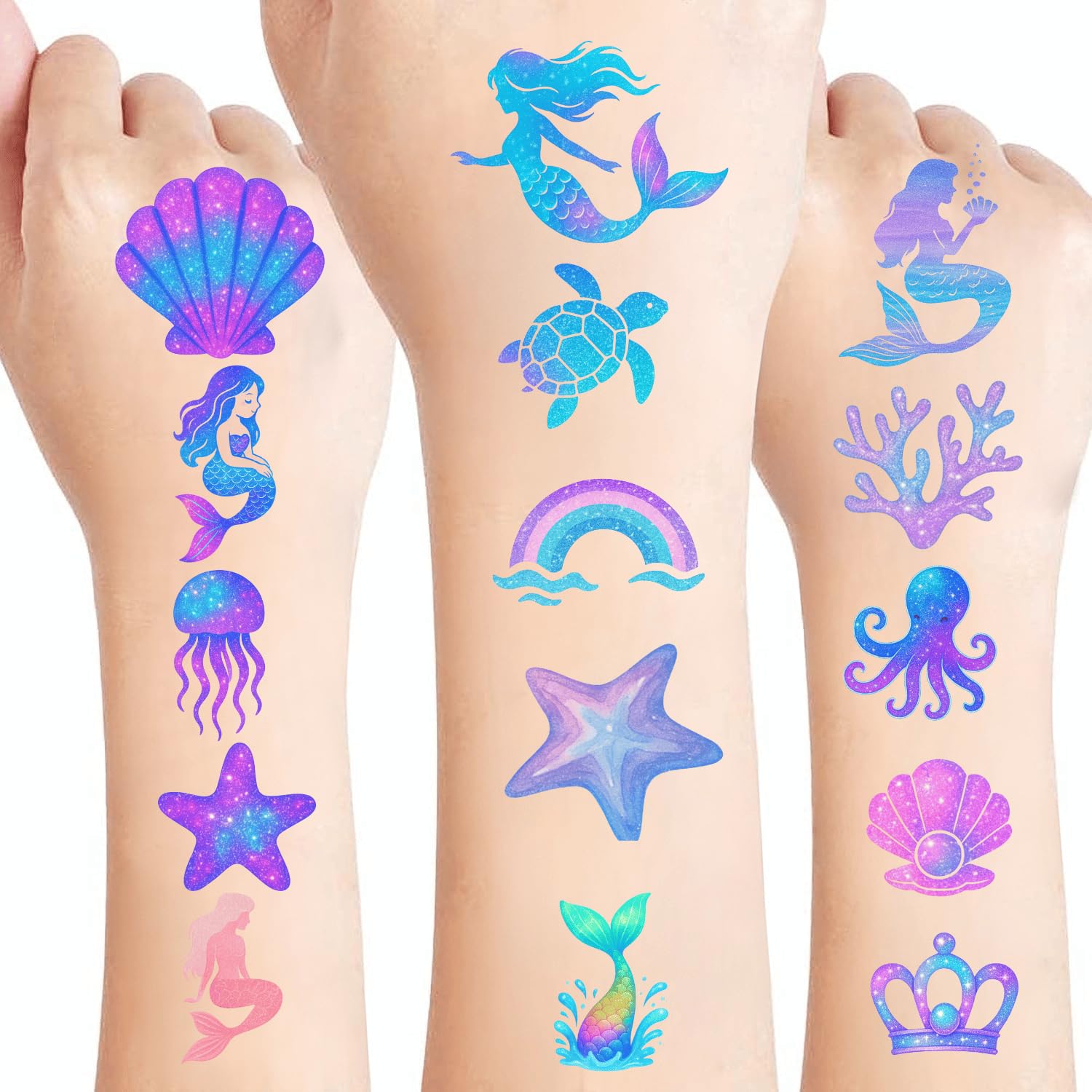 100PCS Glow in The Dark Mermaid Temporary Tattoos – Cute Ocean Sea Creatures Tattoo Stickers for Girls Birthday Party Favors, Waterproof Non-Toxic Kids Tattoos, Luminous Undersea Tattoos