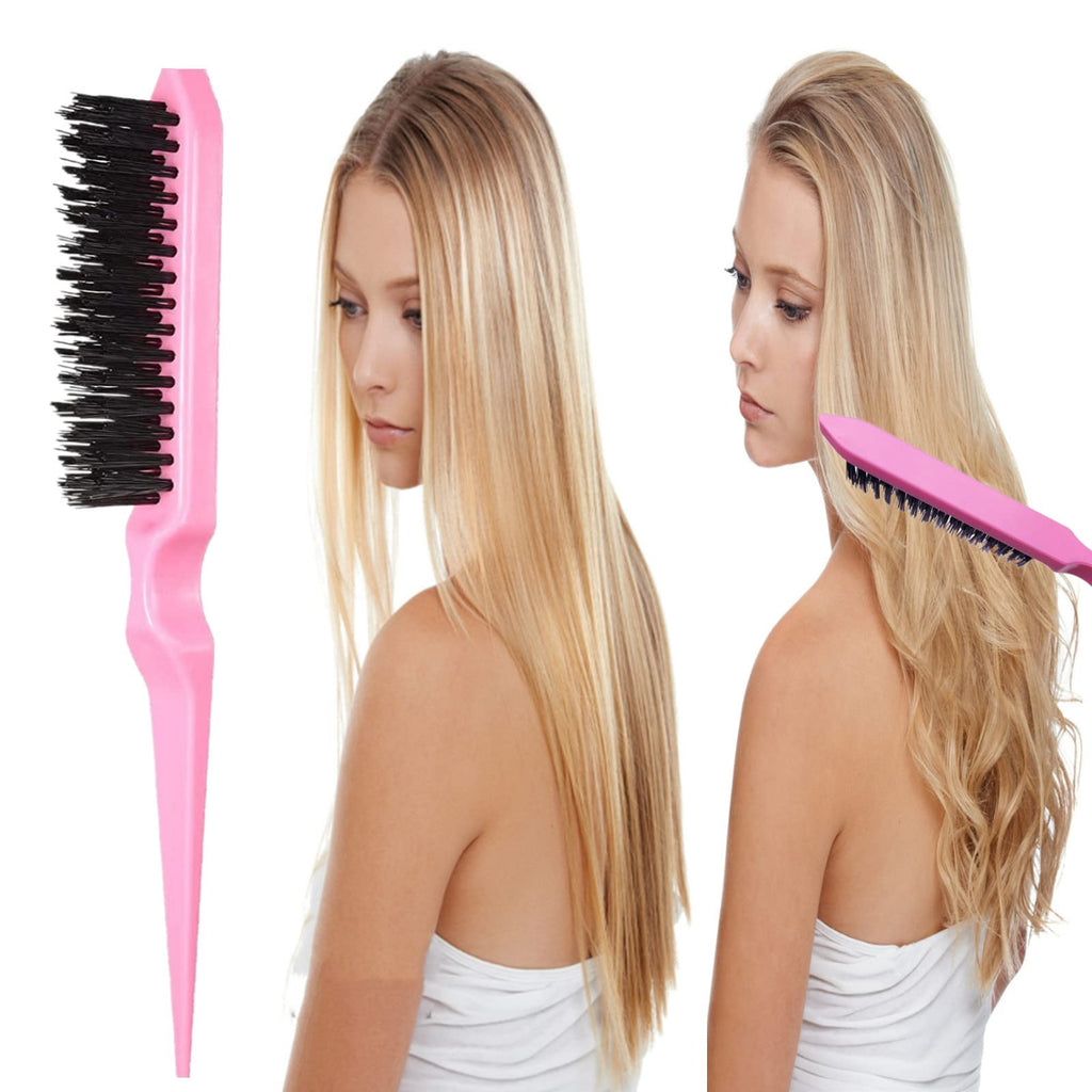 5Pcs Slick Back Brush Set with Topsy Tail Tool, Teasing Bristle, Rat Comb for Women & Girls Hair Styling, Flyaways Control and Edge Combing - Pink