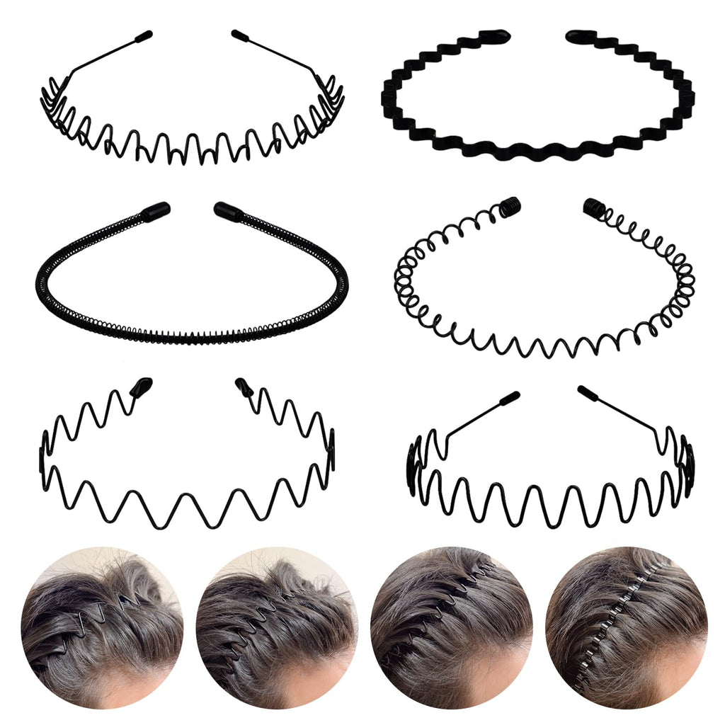 6PCS Metal Hair Bands, Spring Wavy Hair Hoop Unisex Black Wavy Headband Slicked Back Headband Non Slip Sports Hairband for Women Men