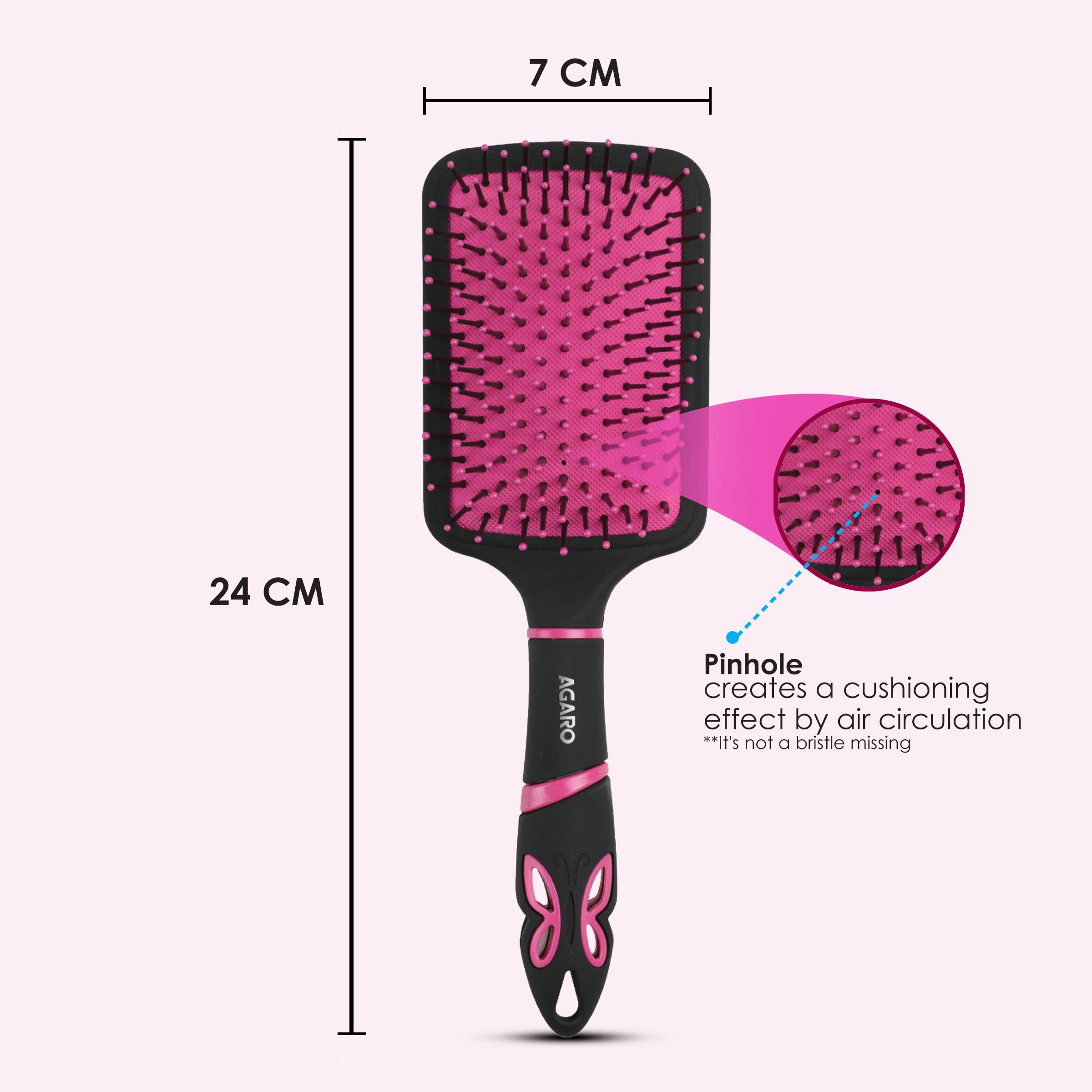 AGARO Delight Paddle Hair Brush with Strong & Flexible Nylon Bristles having Anti-static Ball Tips, For Grooming, Straightening, Smoothing, Detangling Hair, Ideal for Men &Women, Black & Pink