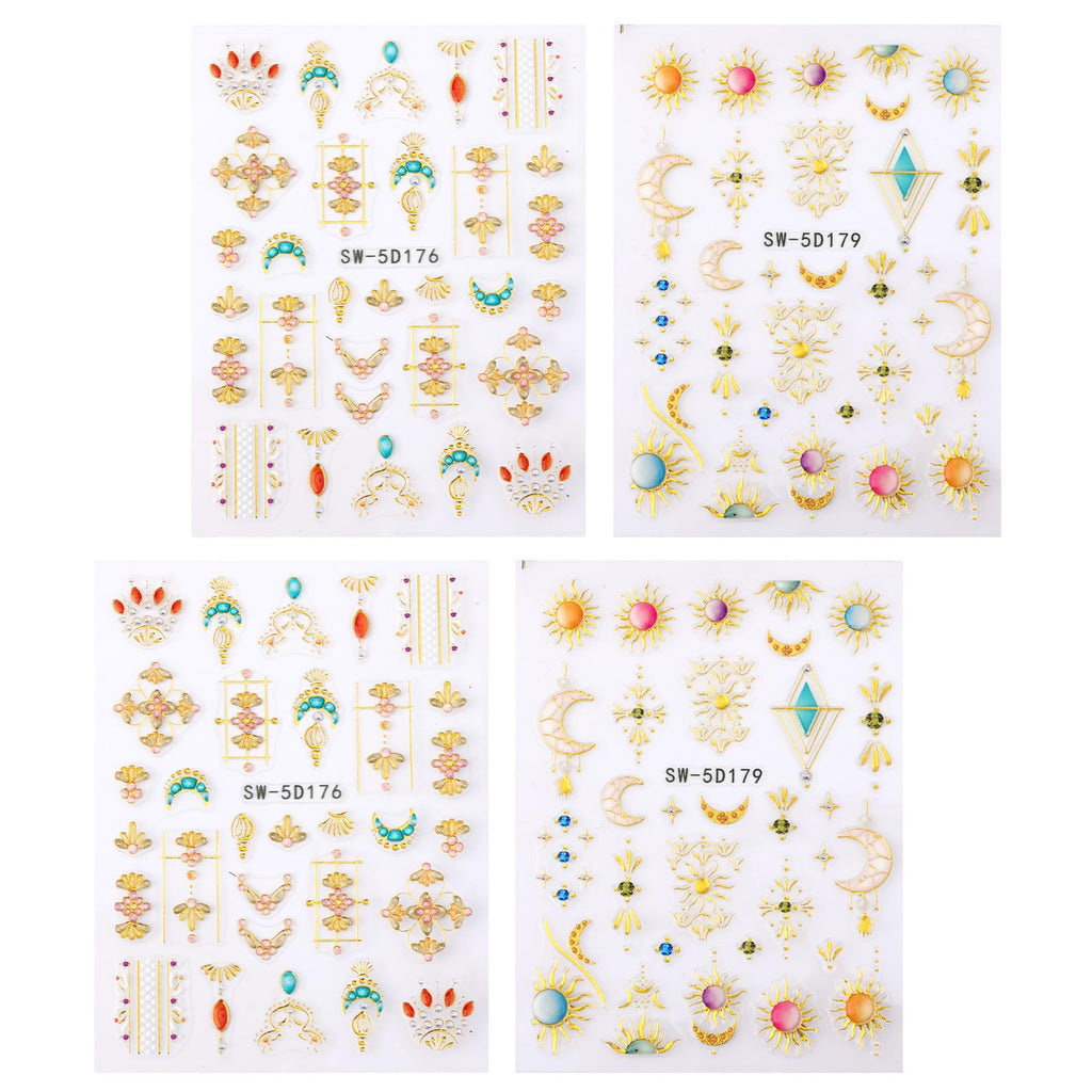 4pcs Sun and Moon Nail Stickers, 5D Embossed Gold Celestial Bohemian Beauty Nail Stickers Self-Adhesive Metallic Tribal Totem Design Manicure Art Fingernail Decoration for Women Girls