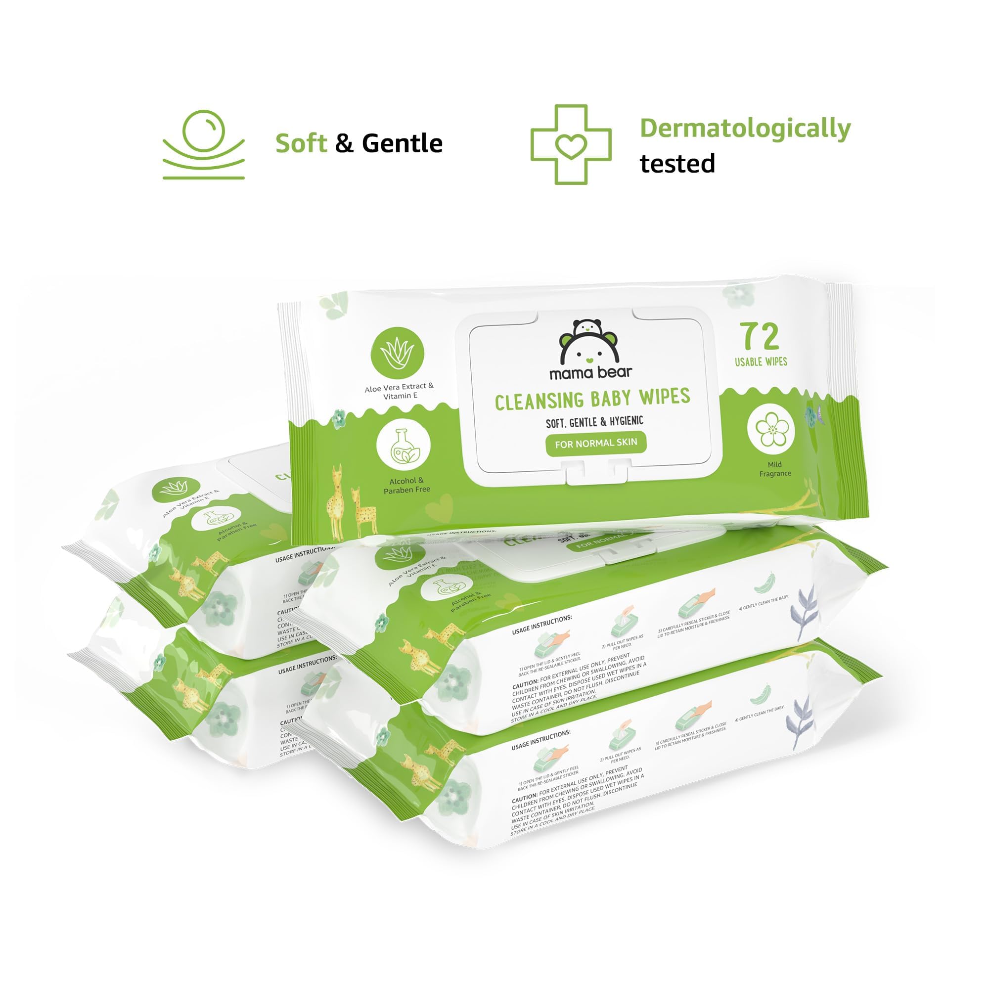 Amazon Brand - Mama Bear Cleansing Baby Wipes With Lid | 360 Wipes | 72 Wipes x 5 Packs | Dermatologically Tested | With Aloe Vera & Vitamin E | Alcohol-free | Paraben-free | Water-Based Formulation