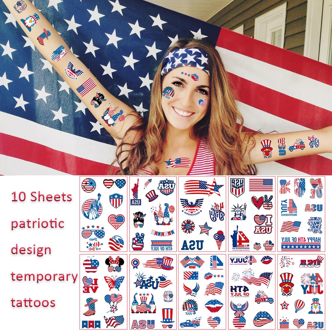 82 Pcs 4th of July Tattoos - Red, White, and Blue Fourth of July Temporary Tattoo Stickers for USA Party Favors, Independence Day, Memorial Day, Labor Day Decorations, and Patriotic Party Supplies