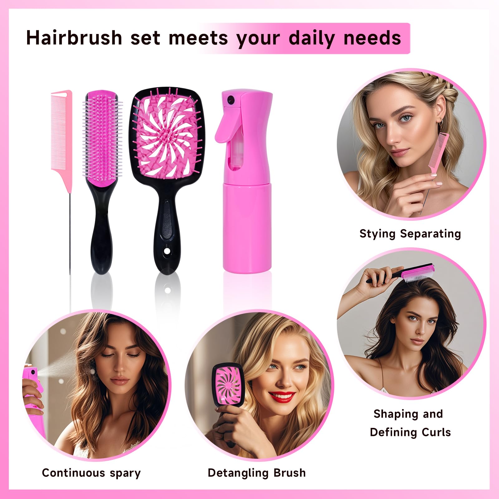 11 Pcs Hair Brush Set, Detangle Hair Brush And Spray Bottle, 3 Pieces Smooth Hairbrush For Toddlers, Suitable For Wet and Dry Hairstyles, Suitable For Adults And Children. (Pink)