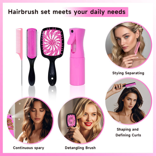 11 Pcs Hair Brush Set, Detangle Hair Brush And Spray Bottle, 3 Pieces Smooth Hairbrush For Toddlers, Suitable For Wet and Dry Hairstyles, Suitable For Adults And Children. (Pink)