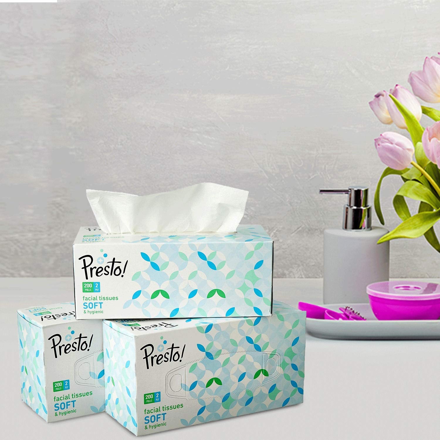 Amazon Brand - Presto! 2 Ply Facial Tissue Box | 600 Pulls | 200 Pulls X 3 Cartons | Soft And Highly Absorbent | 100% Natural Virgin Cellulose Fiber
