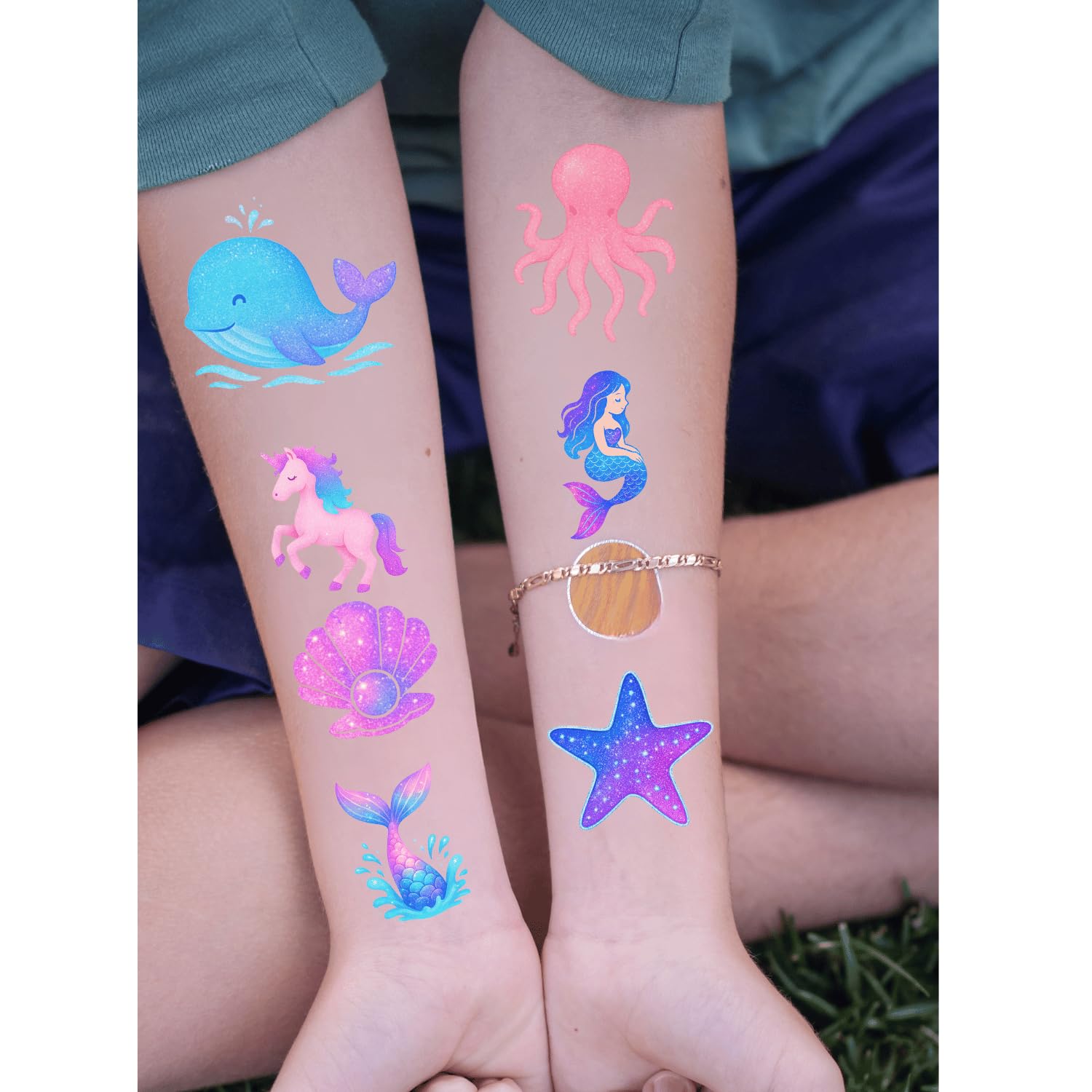 100PCS Glow in The Dark Mermaid Temporary Tattoos – Cute Ocean Sea Creatures Tattoo Stickers for Girls Birthday Party Favors, Waterproof Non-Toxic Kids Tattoos, Luminous Undersea Tattoos