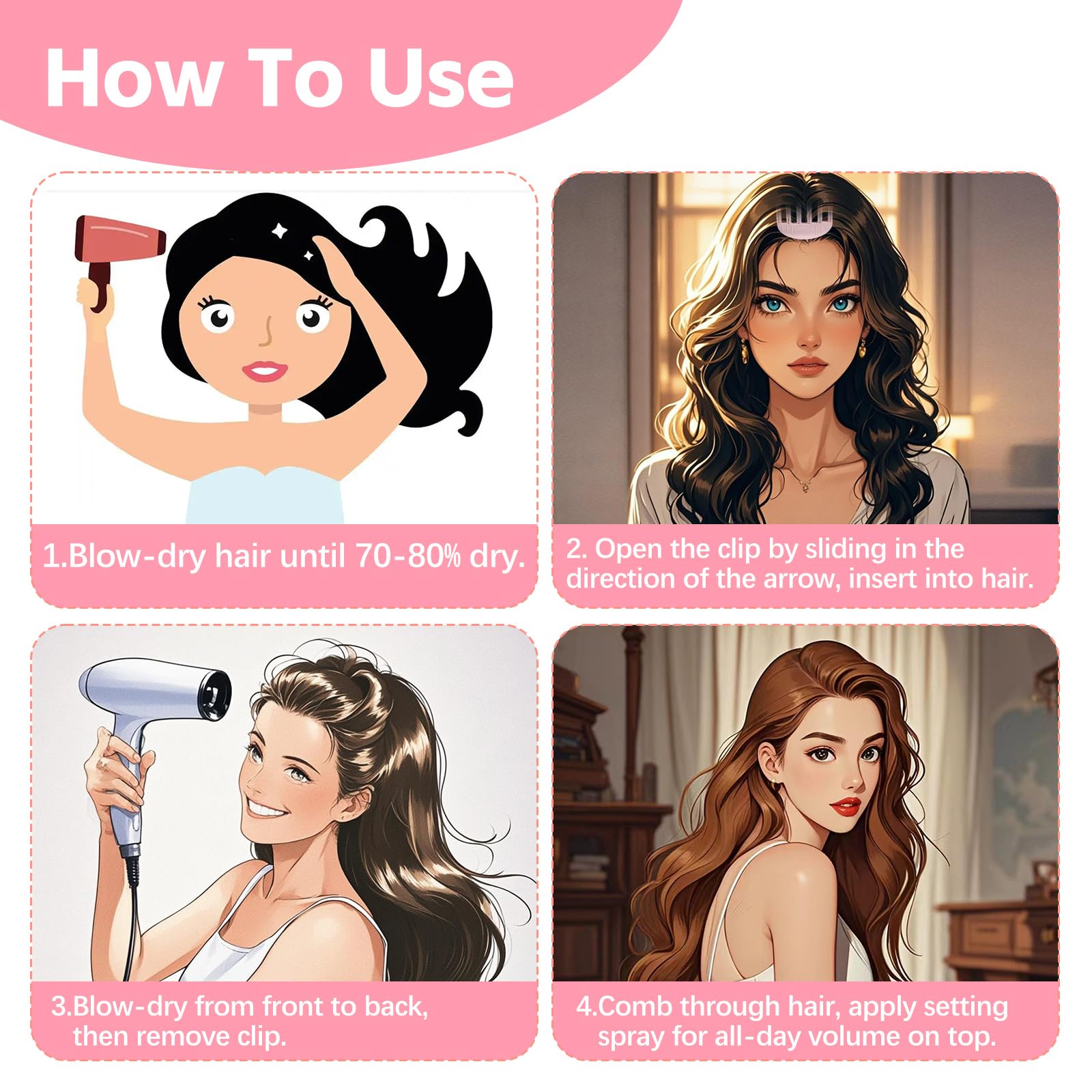 2PCS Volumizing Hair Clips for Women, Hair Volume Clip Styling Tools Volumizing Comb for Fluffy Bangs Clips for Root Lift, Root Booster Clips, Pink