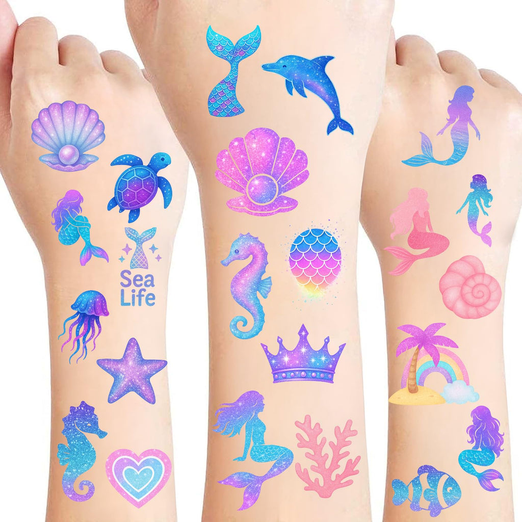 100PCS Glow in The Dark Mermaid Temporary Tattoos – Cute Ocean Sea Creatures Tattoo Stickers for Girls Birthday Party Favors, Waterproof Non-Toxic Kids Tattoos, Luminous Undersea Tattoos