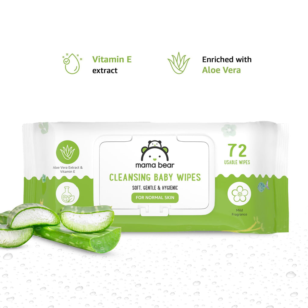 Amazon Brand - Mama Bear Cleansing Baby Wipes With Lid | 360 Wipes | 72 Wipes x 5 Packs | Dermatologically Tested | With Aloe Vera & Vitamin E | Alcohol-free | Paraben-free | Water-Based Formulation