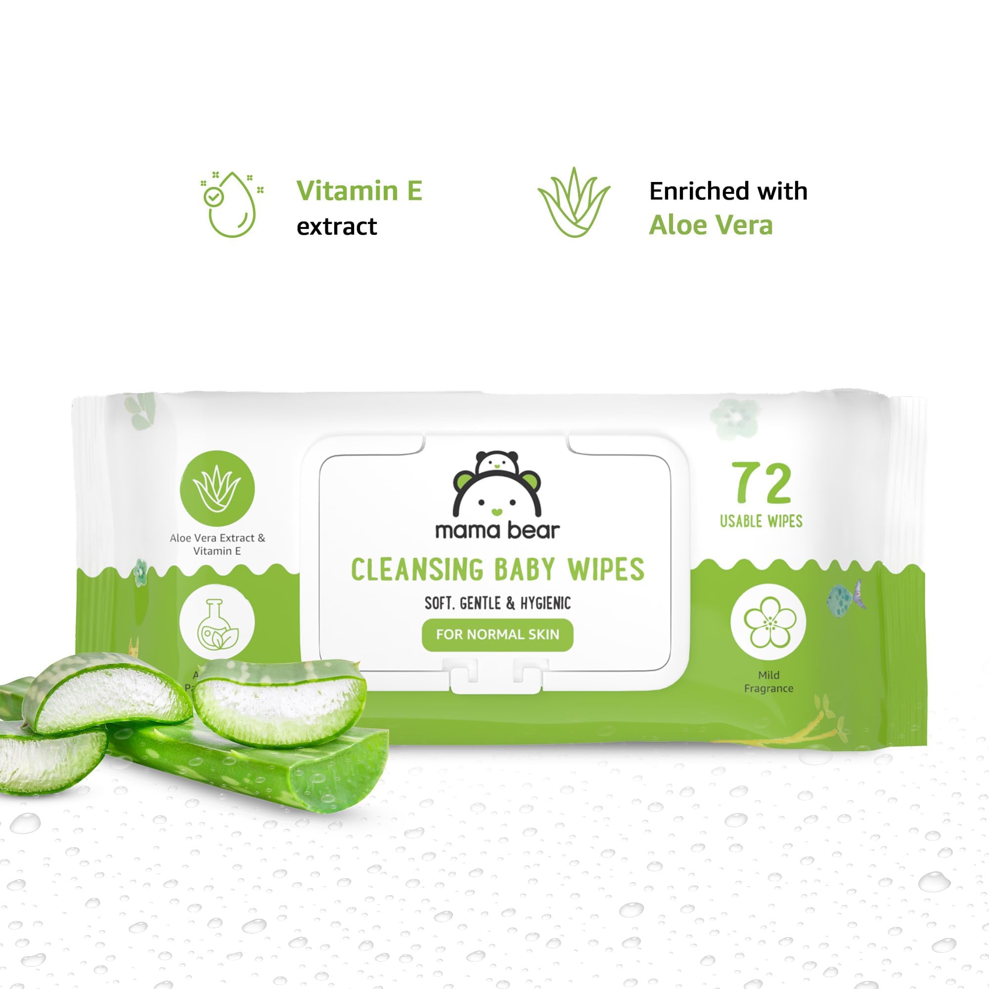 Amazon Brand - Mama Bear Cleansing Baby Wipes With Lid | 360 Wipes | 72 Wipes x 5 Packs | Dermatologically Tested | With Aloe Vera & Vitamin E | Alcohol-free | Paraben-free | Water-Based Formulation