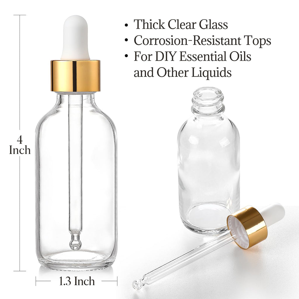 AOZITA 4 Pcs, 1 oz Golden Cap Clear Dropper Bottles (30ml) with 1 Funnel & 4 Labels - Glass Tincture Bottles with Eye Droppers - Leakproof Essential Oil Bottles for Health, Personal Care & Beauty