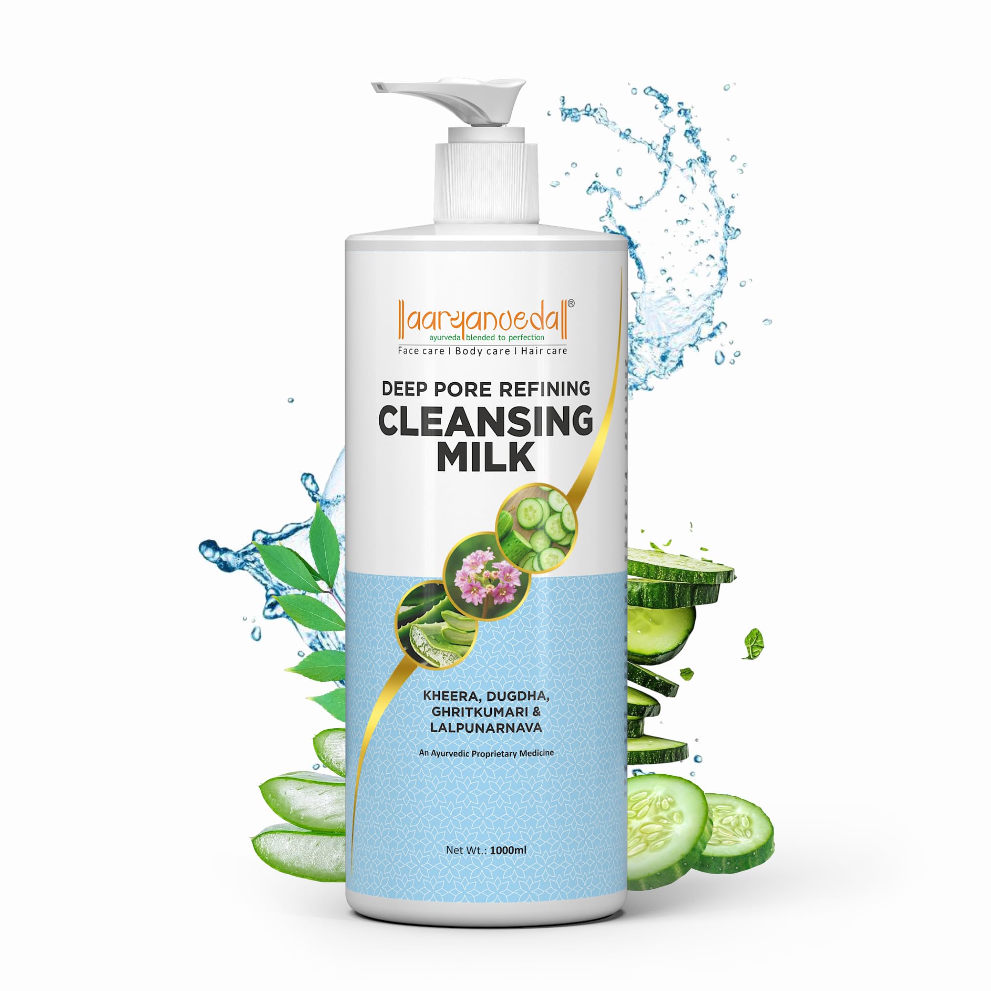 Aaryanveda Cleansing Milk 1000ml | Deep Pore Cleanser with Kheera, Ghritkumari, Dugdha & Lalpunarnava | Hydrates, Refreshes & Tightens Skin | For All Skin Types