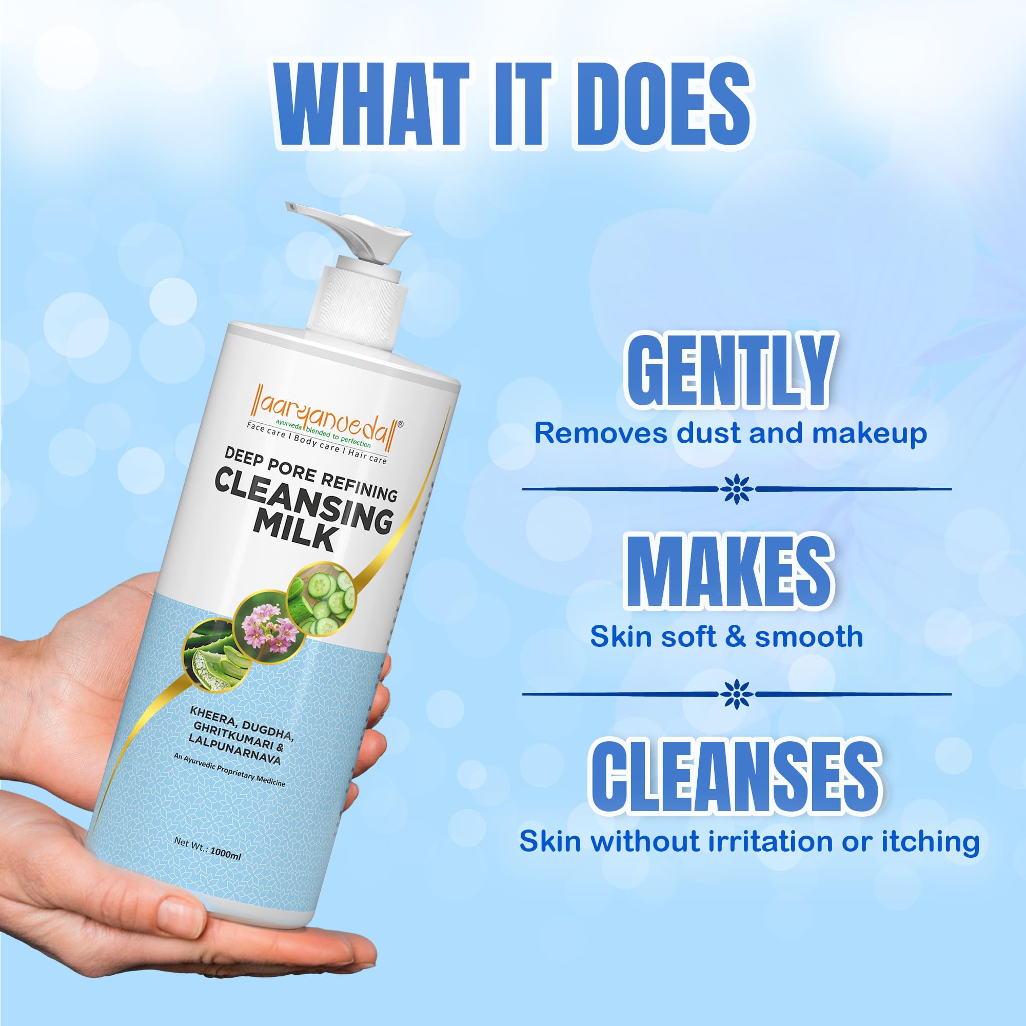Aaryanveda Cleansing Milk 1000ml | Deep Pore Cleanser with Kheera, Ghritkumari, Dugdha & Lalpunarnava | Hydrates, Refreshes & Tightens Skin | For All Skin Types