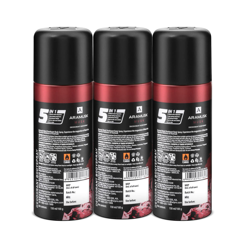 Aramusk Musk Deodorant for Men| Everyday Wear Body Spray for Men| Long Lasting Fragrance| 150ml (Pack of 3)