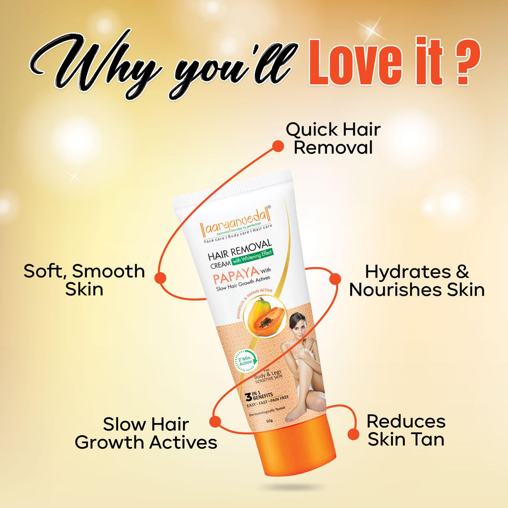 Aaryanveda Papaya Hair Removal Cream | 2-Minute Action, Whitening Effect, Active Smooth Formula, Painless & Gentle Hair Remover for Men & Women (120 g, Set of 2)
