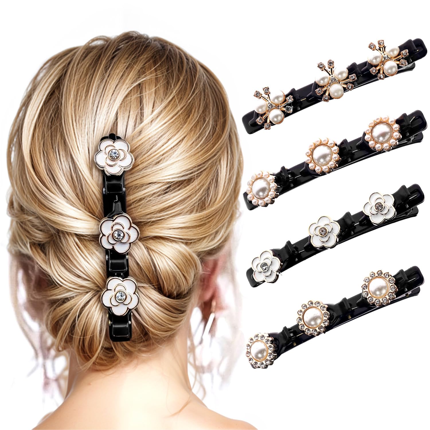 ANNA CREATIONS 4 Pcs Braided Hair Clip, Sparkling Crystal Stone Braided Hair Clips, Fashion Hair Accessories for Women & Girls Hair Bands with Rhinestone and Pearl, Stylish Clip Barrettes