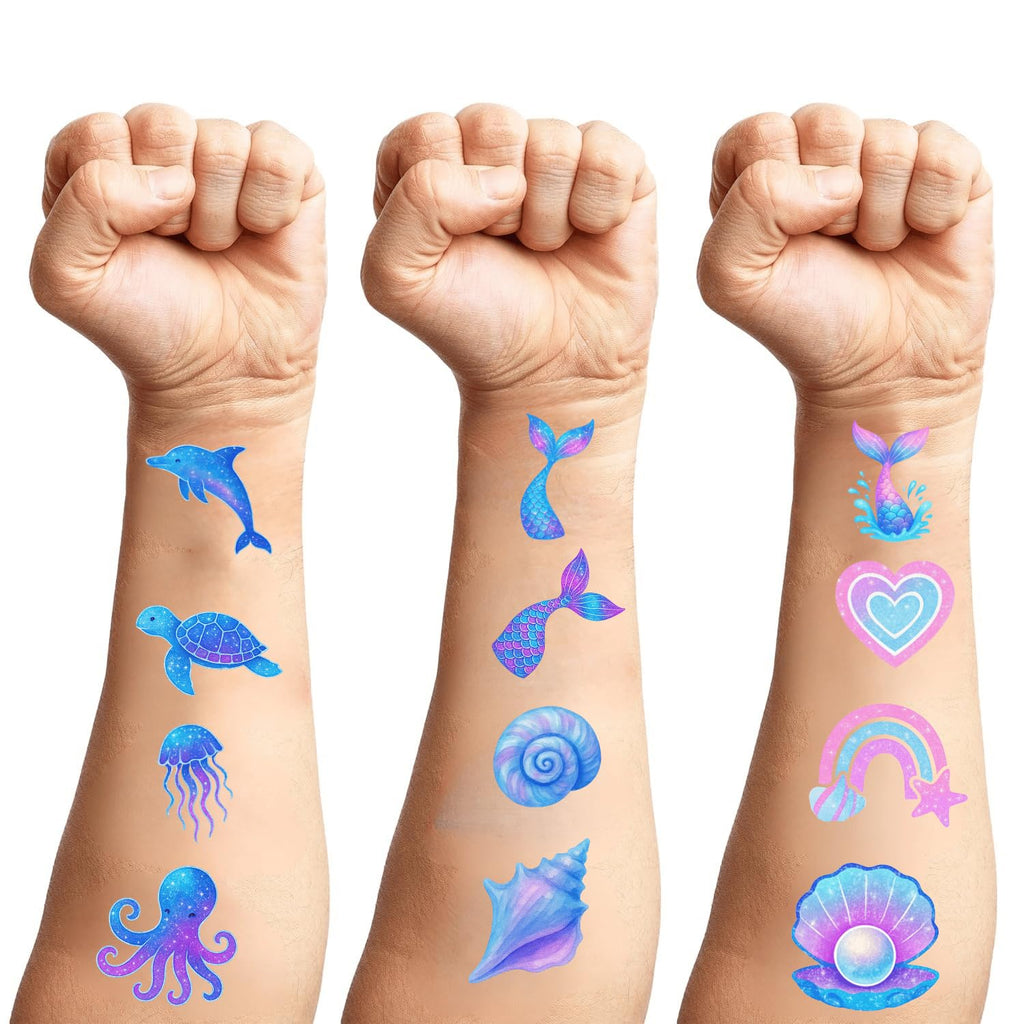 100PCS Glow in The Dark Mermaid Temporary Tattoos – Cute Ocean Sea Creatures Tattoo Stickers for Girls Birthday Party Favors, Waterproof Non-Toxic Kids Tattoos, Luminous Undersea Tattoos