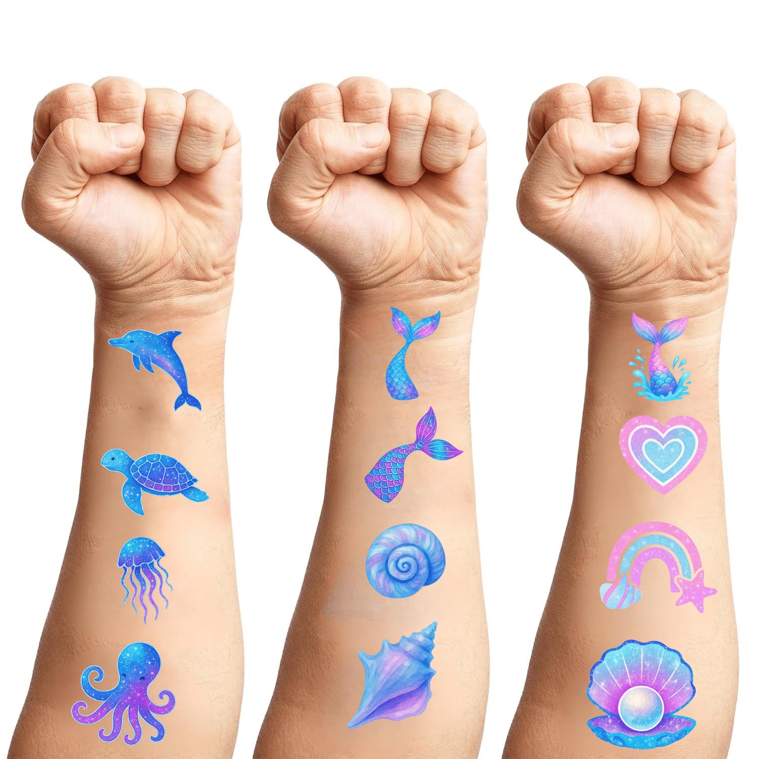 100PCS Glow in The Dark Mermaid Temporary Tattoos – Cute Ocean Sea Creatures Tattoo Stickers for Girls Birthday Party Favors, Waterproof Non-Toxic Kids Tattoos, Luminous Undersea Tattoos
